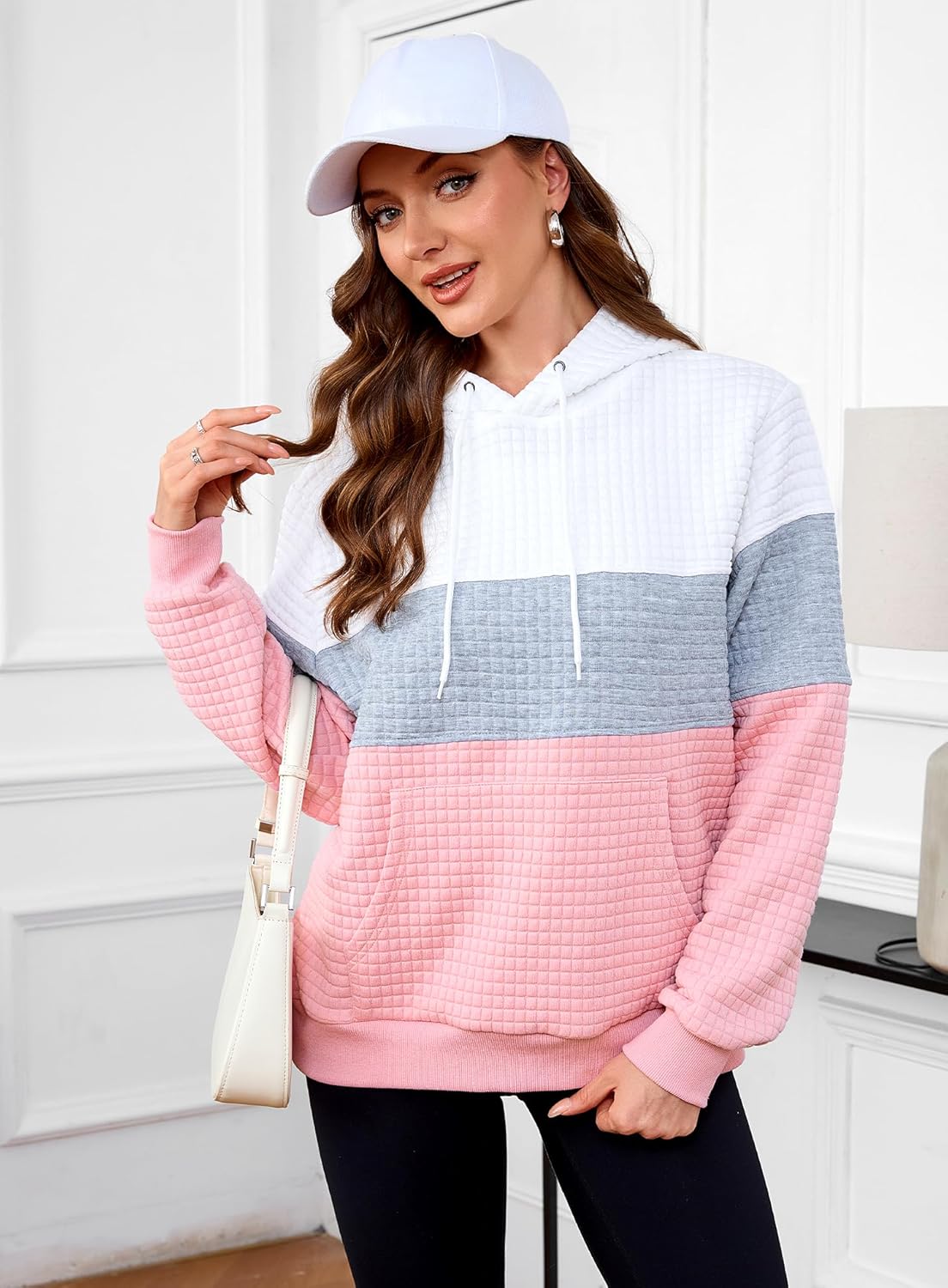 Women's Waffle Color Block Pullover Sweatshirts Hoodies Drawstring Hooded Sweatshirt for Women Trendy - Image 5