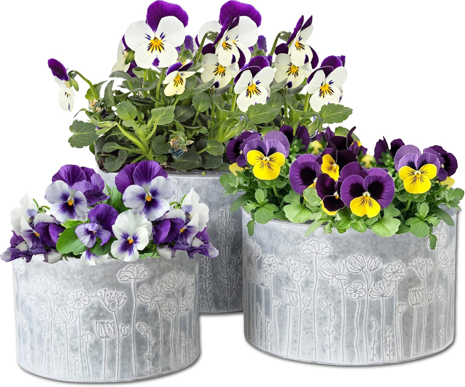 WHW Whole House Worlds Farmers Market Chubby Tub Planters Set of 3, Embossed Meadow Blooms Patterns, Zinc, Rustic Style Container Pots 17.75, 15.75 and 13 Inches