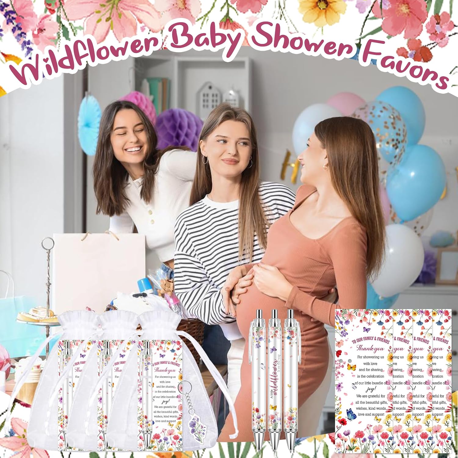 145Pcs Wildflower Baby Shower Favors for Guest Spring Wildflower Ballpoint Pens Retractable Baby Shower Pens Keychains Greeting Bookmarks Organza Bags for Gender Reveal Party Souvenirs Prizes