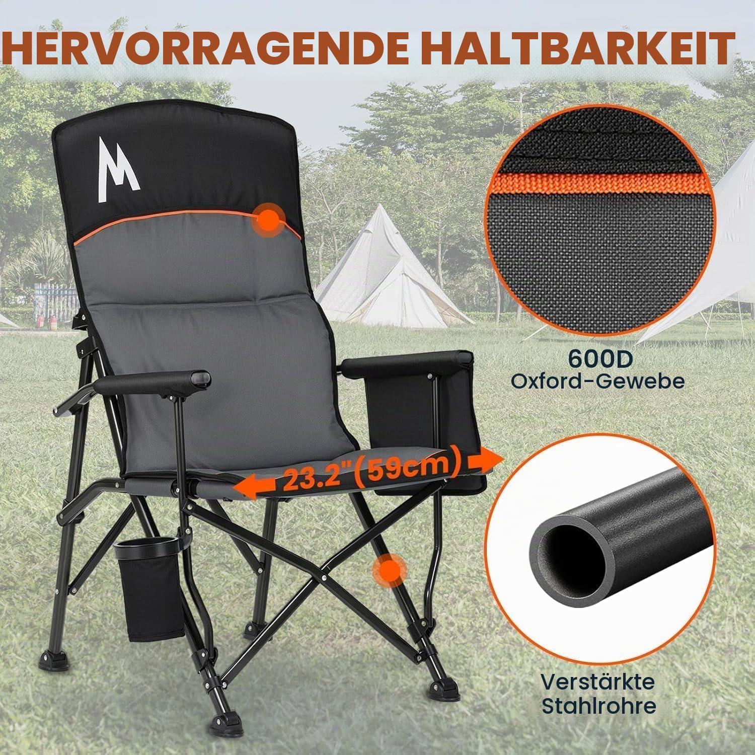 OVERMONT Campingstuhl Hochlehner Faltbar mit Kopfstütze - Klappstuhl Tragbar bis 226 KG - Gartenstuhl Klappbar mit Gepolstert Armlehnen - für Outdoor Wandern Picknick