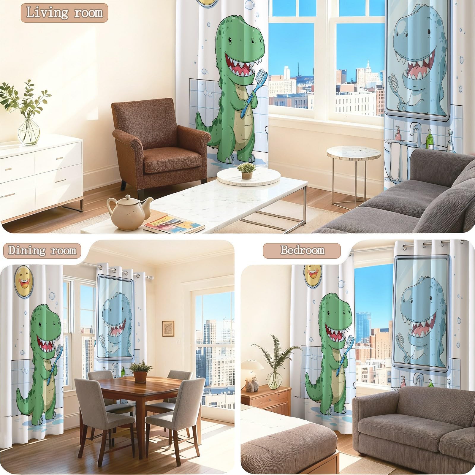 Rideaux Occultants en Bleu avec Amusant Dinosaure Bain, 70 L x 200 H cm Isolant Thermique à Œillets Qui Protège du Froid, Habillage de Fenêtre Design pour Chambre Salon, Bureau