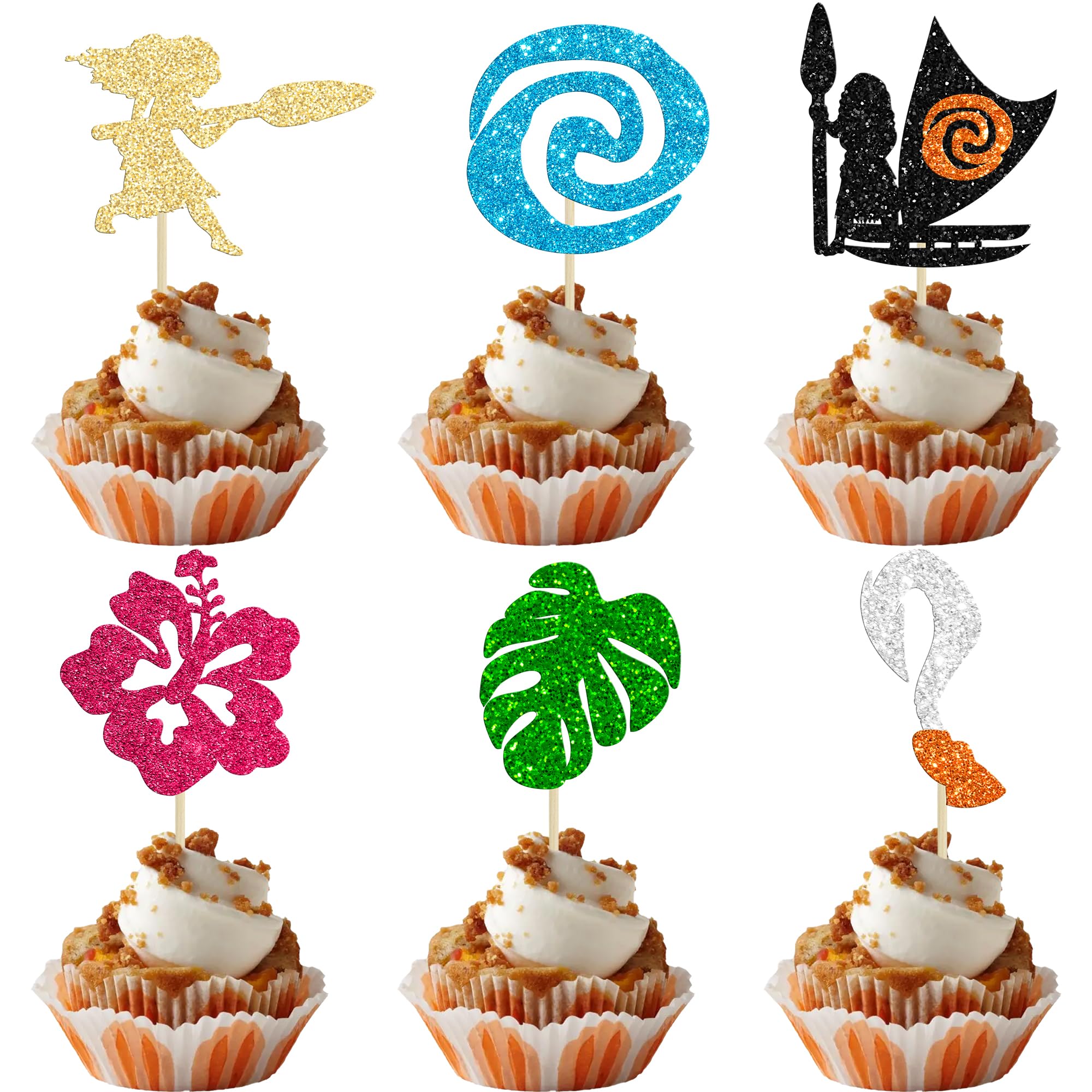 Gyufise 30Pcs Moana Inspired Birthday Cupcake Toppers Glitter Flower Palm Leaf Cupcake Picks Party Decorations for Tropical Hawaiian Luau Summer Baby Shower Wedding Party Supplies Blue Multi