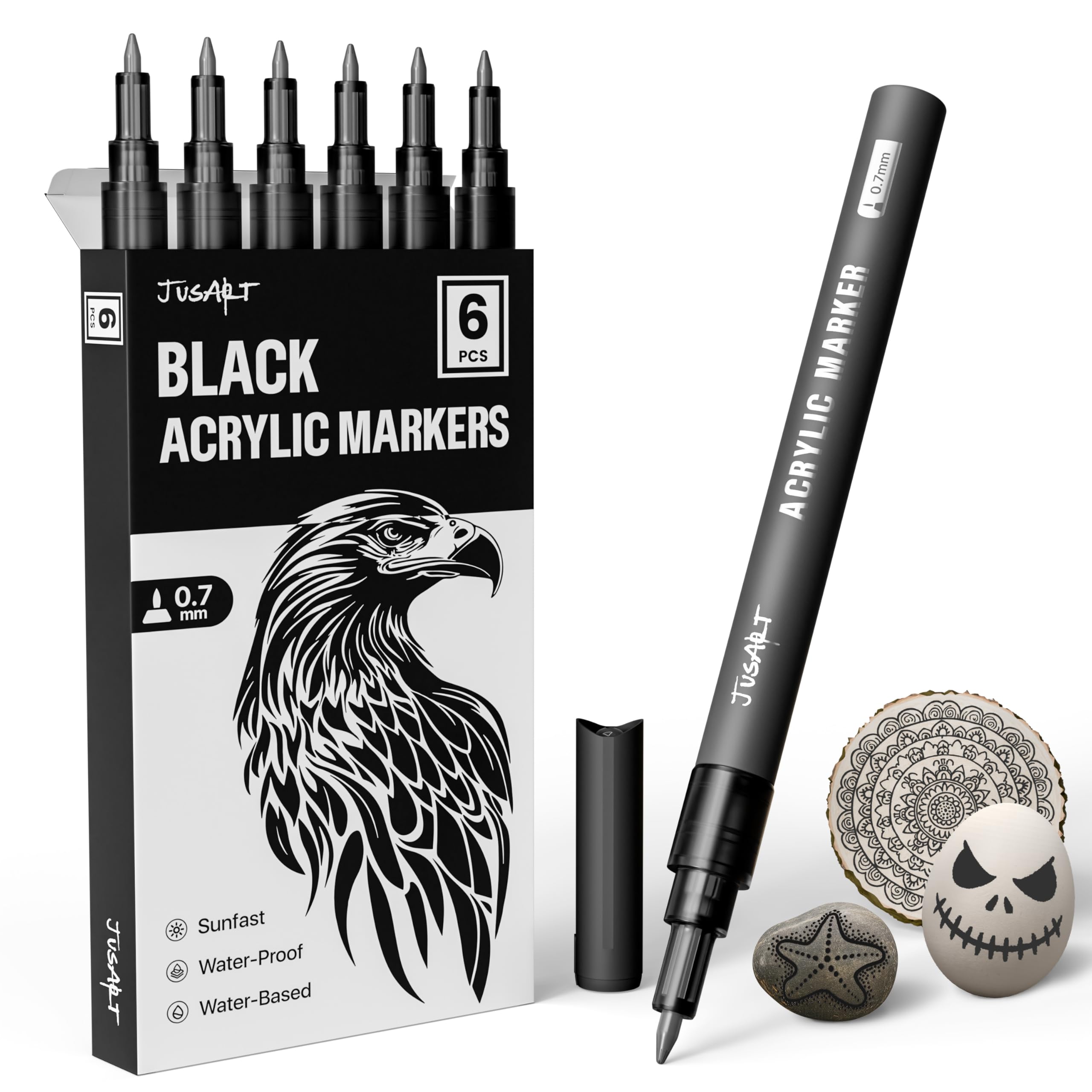 JusArt 6 Pack Black Acrylic Paint Markers, 0.7mm Fine Point Acrylic Paint Pens for Rock Painting, Art Projects, Ceramic, Glass, Wood, Metal, Fabric, DIY Crafts, Ideal Black Paint Pen for Art Supplies