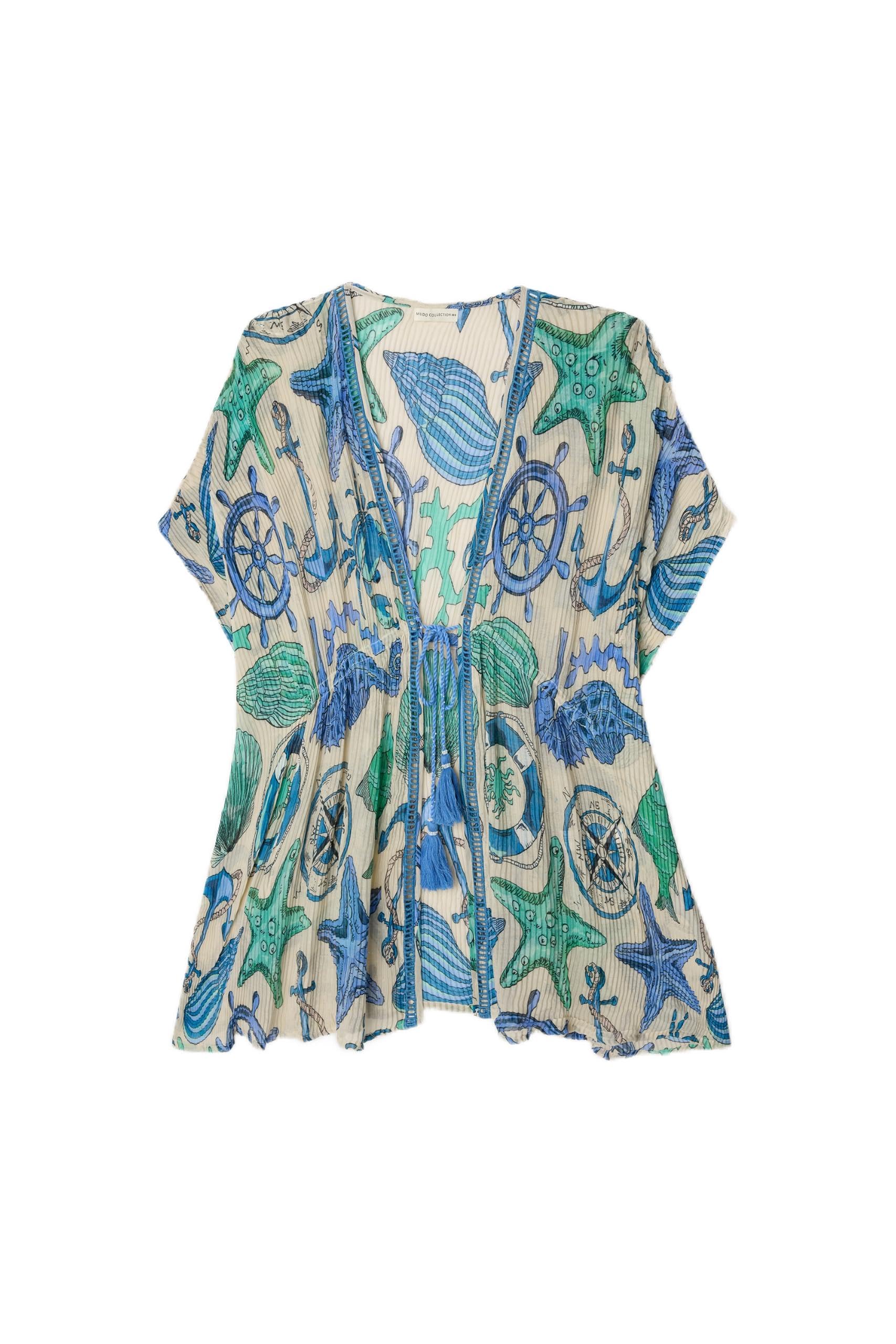 Kadın Mavi Desenli Relax Fit Kimono