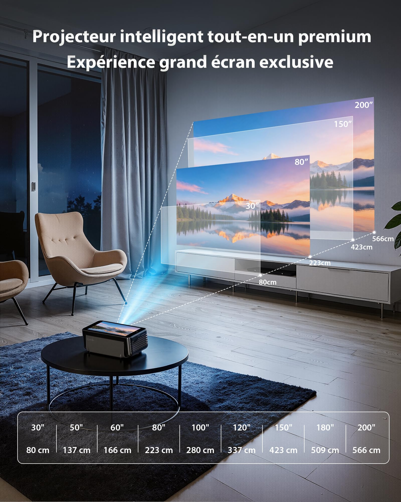 Videoprojecteur 4K avec 64 Go de Stockage, Batterie intégrée, Android 12, Smart Projecteur Video Portable Auto Focus/Keystone, Téléchargement d’Applications, Pivotant à 90° - Noir
