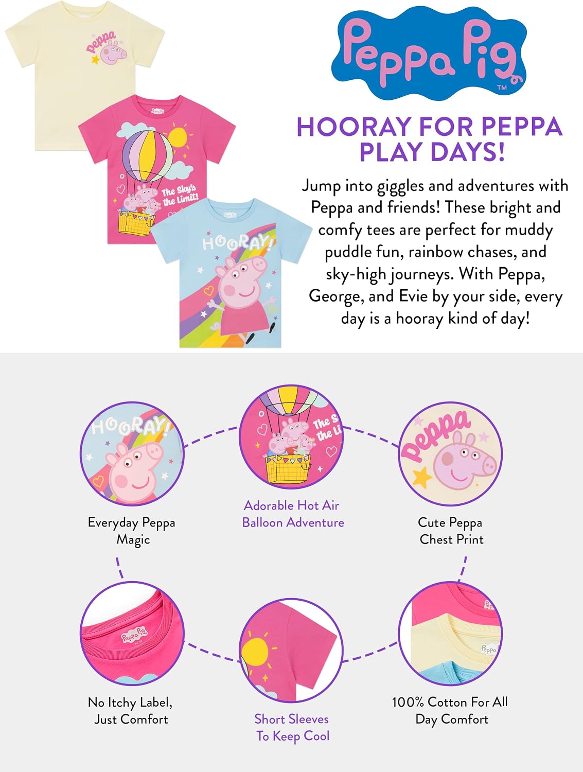 Peppa Pig Girls T Shirts, Pack of 3 Kids Shirts, Peppa, George & Evie Girls Summer Clothes