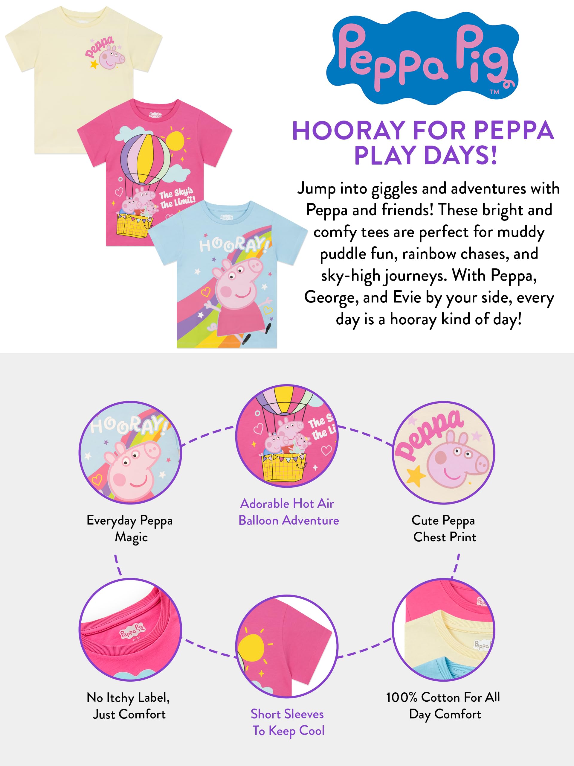 Peppa Pig Camisetas Niña Pack de 3, Camiseta Niña Manga Corta, Ropa Niña con Peppa, George y Evie