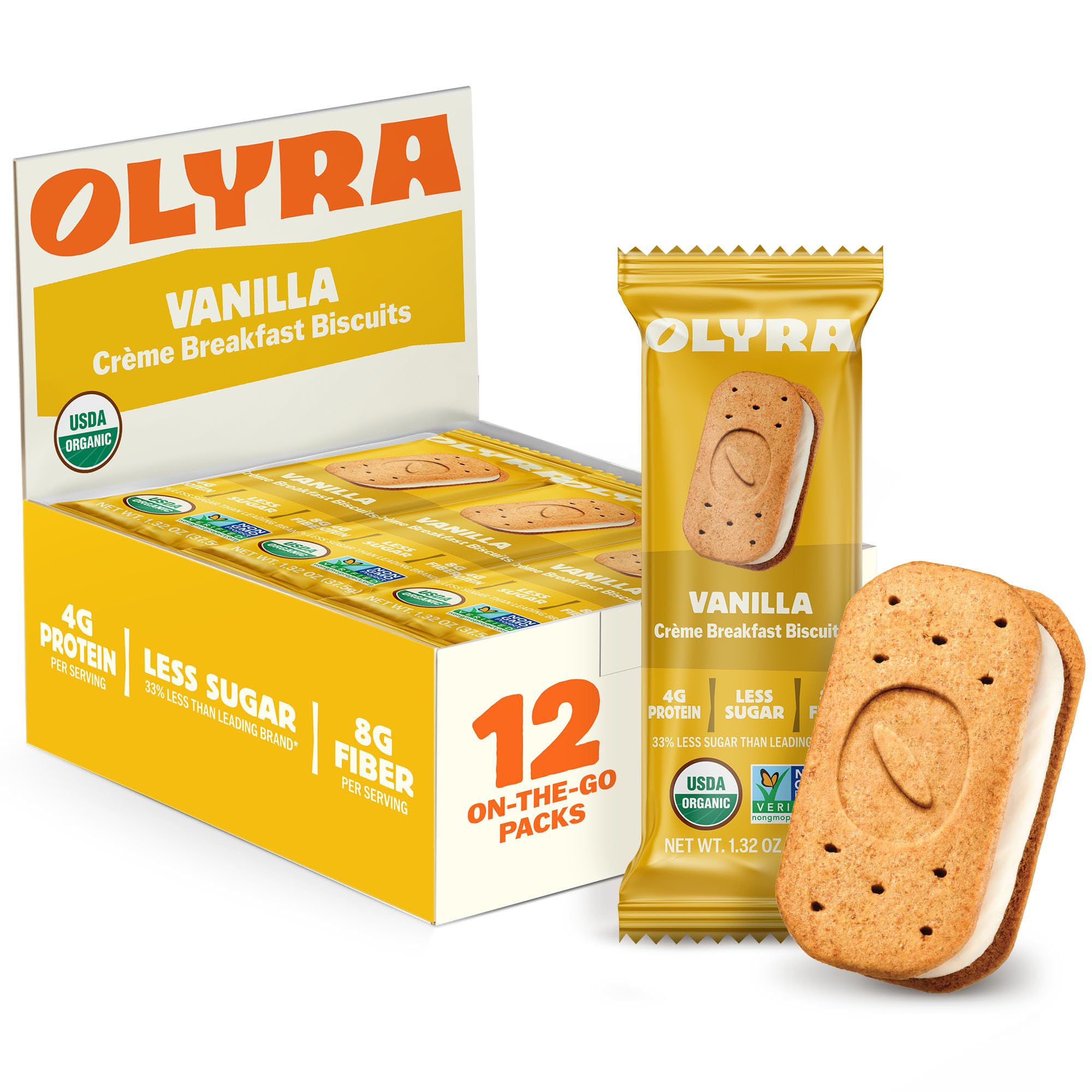 Olyra Vanilla Sandwich Breakfast Biscuits, Healthy Snacks for Adults and Kids, Low Sugar, High Fiber, Vegan Organic Cookies, with Ancient Greek Grains