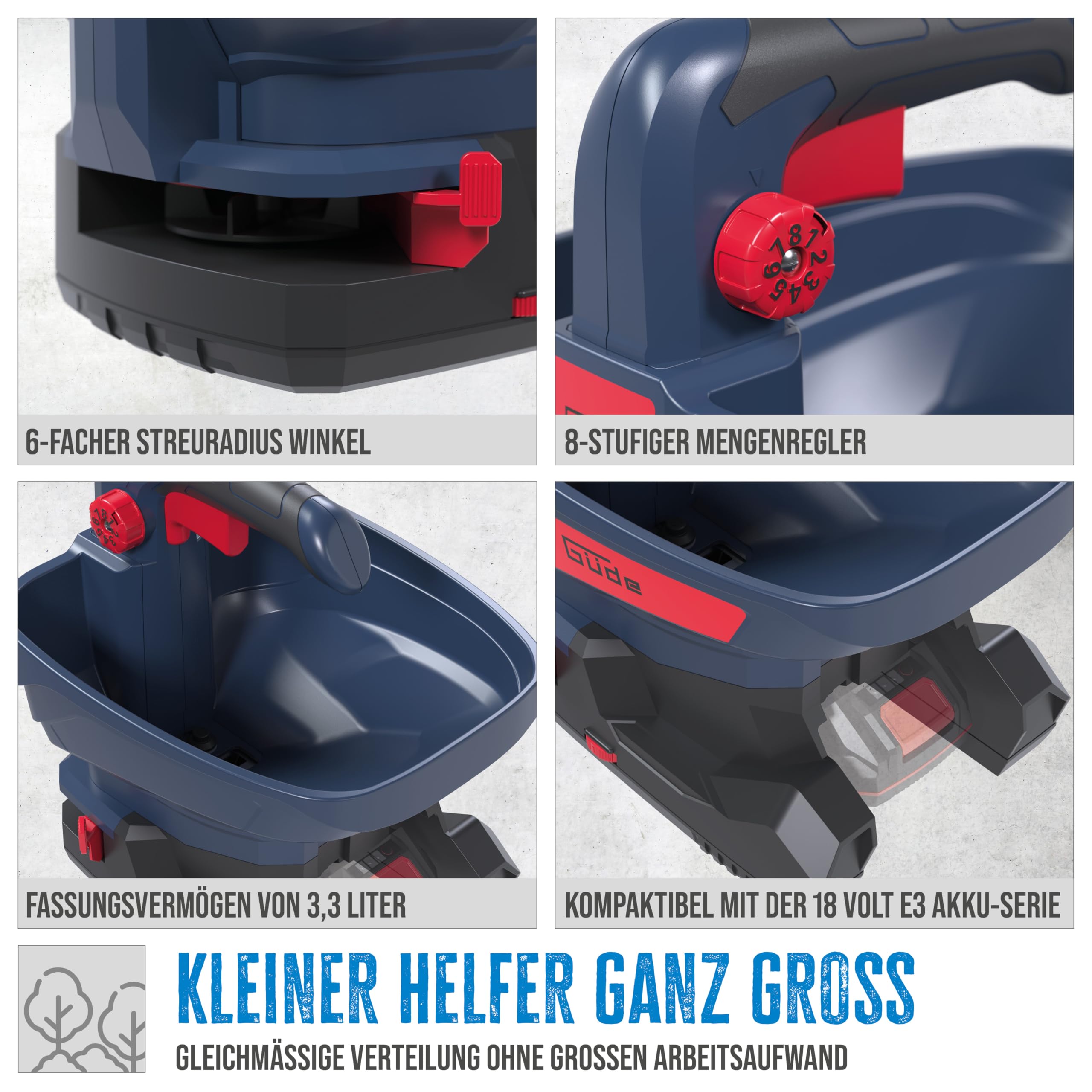 Güde Akku Universalstreuer GUS 18-0 (18 V, 5 m Streubreite, 6 Geschwindigkeitsstufen, 8 Streumengenstufen, 6 Streubreitenwinkel, 3,3 Liter Fassungsvermögen, ohne Akkupack und Ladegerät)
