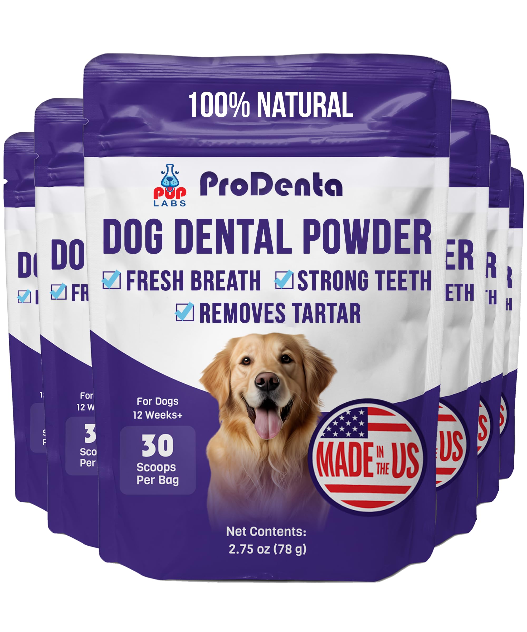 Pup Labs ProDenta, Tartar Remover for Dogs and Dog Bad Breath Eliminator, Natural Powder for Plaque and Gum Support, Made in USA, 6-Pack (180 Scoops)