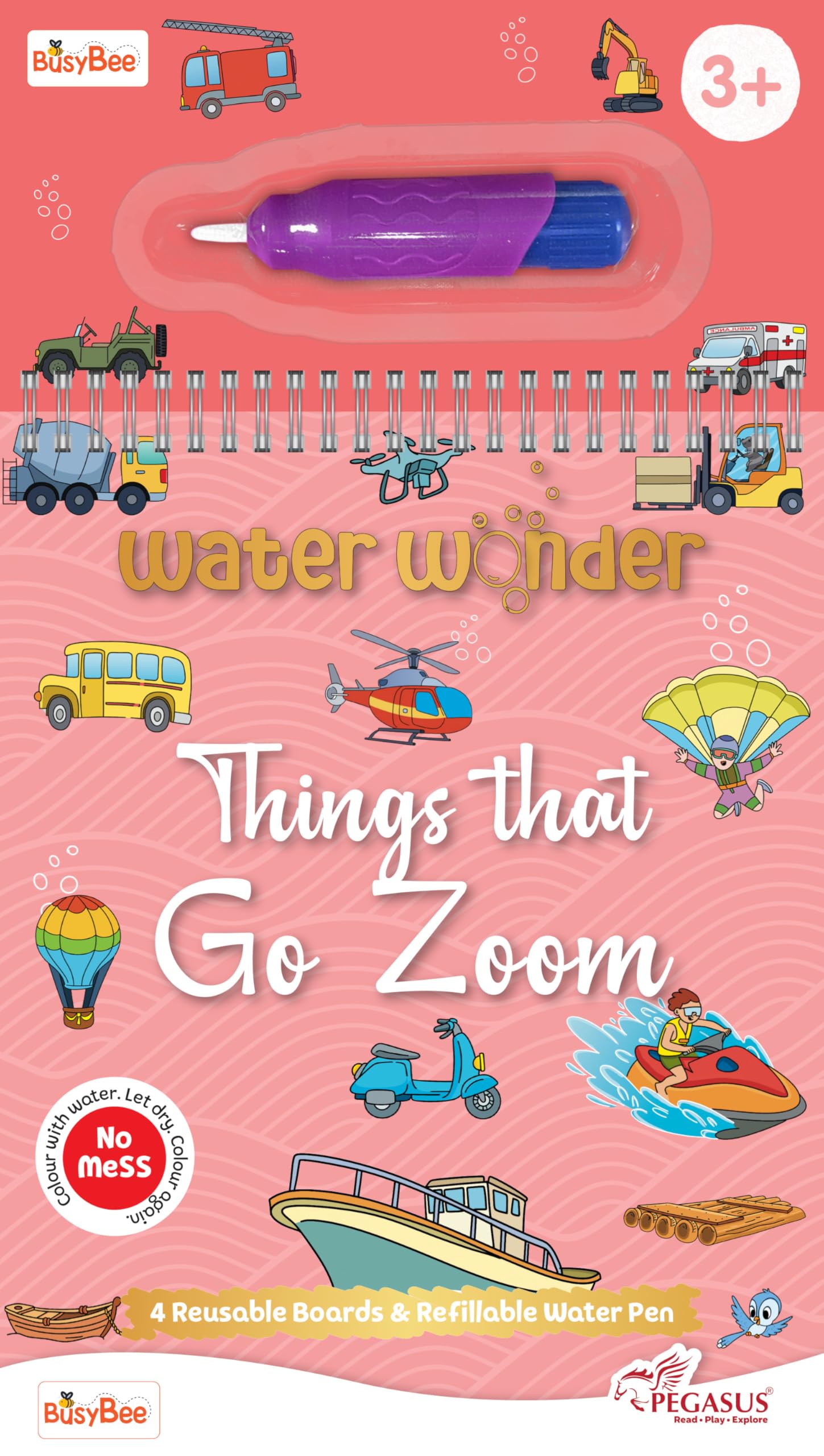 Reusable Magic Water Coloring Book For Kids, Educational Fun Time for Kids, Mess-Free Art with Quick Dry Technology (Vehicles Theme | 4 Reusable Coloring & Activity Boards | 1 Refillable Water Pen)