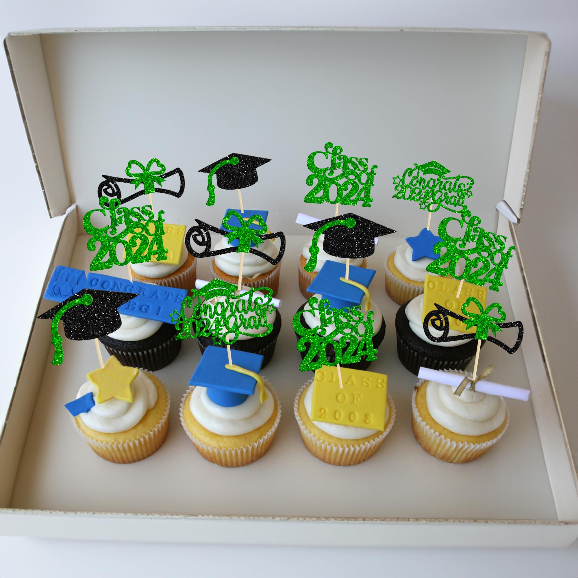 Gyufise 24Pcs Class of 2026 Cupcake Toppers Glitter 2026 Congrats Grad 2026 Cake Decorations Cap Diploma Cupcake Picks 2026 Graduation Theme Party Cake Decorations Supplies Green - Image 4