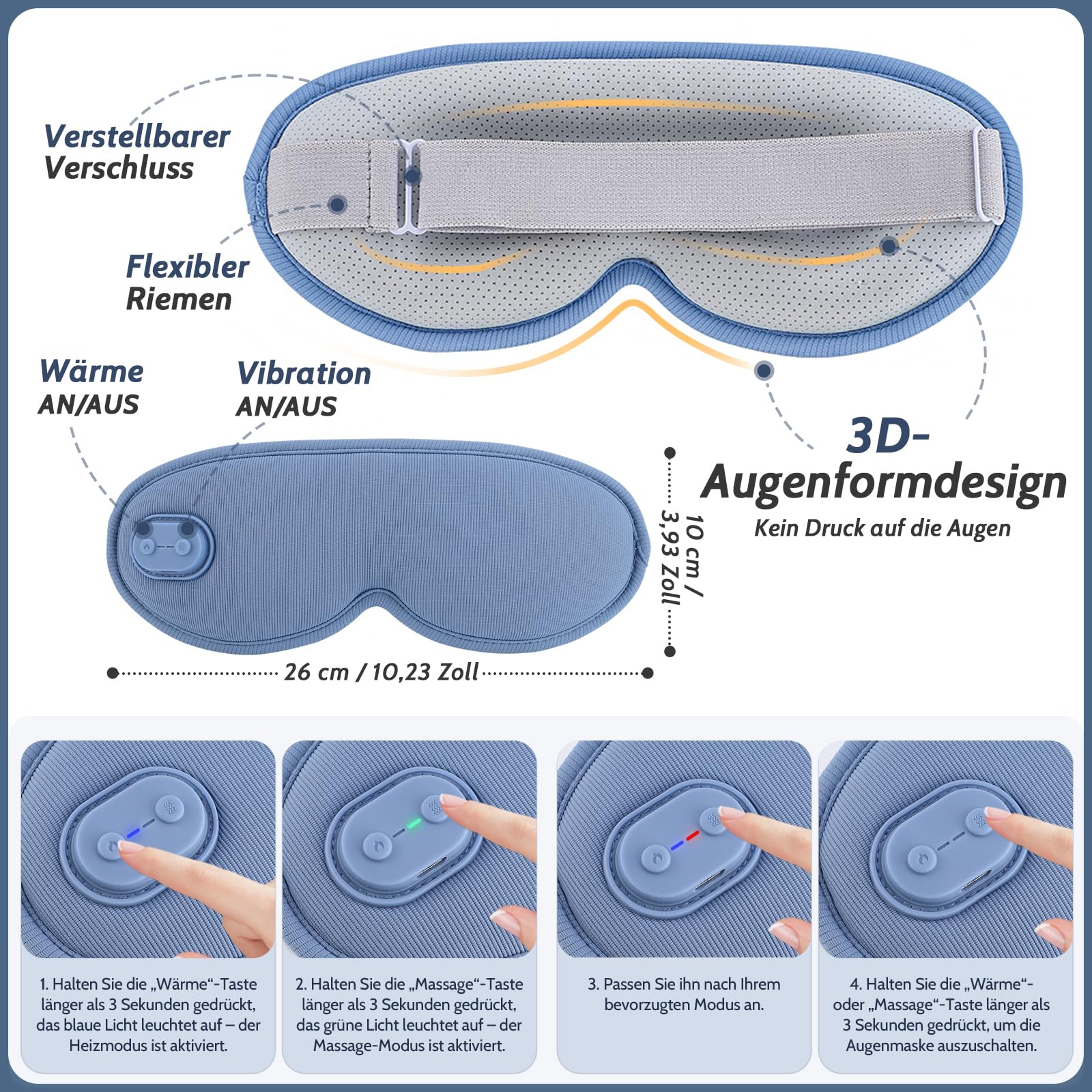 Beheizbare Augenmaske,Wärmebrille kabellos mit Vibration 3D lichtundurchlässig,Augenmaske wärmend mit 3 Wärmestufen Timer,zur Linderung von trockenen Augen Blepharitis Gerstenkorn für Damen&Herren