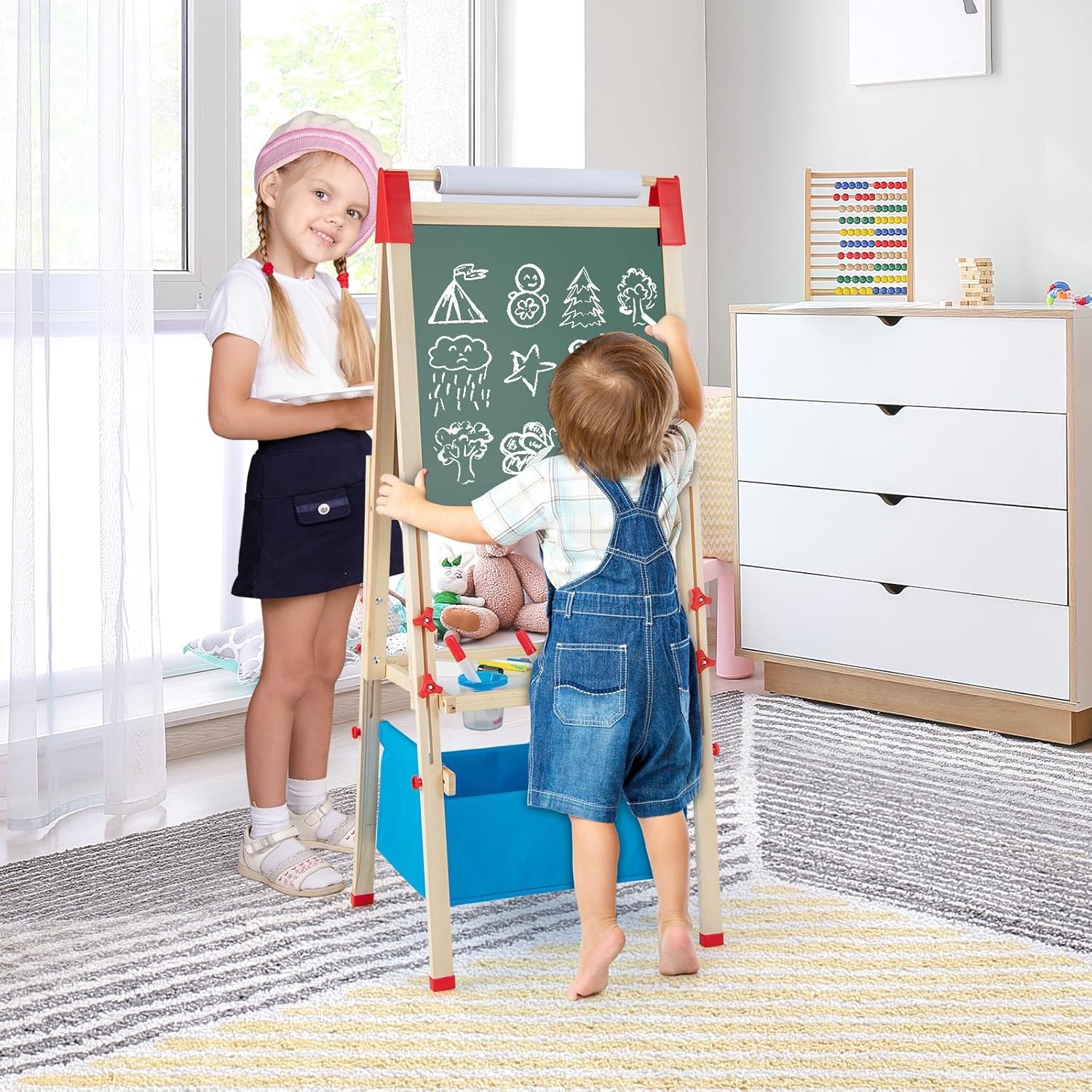 RELAX4LIFE 3 en 1 Caballete Pintura Infantil con Pizarra Magnética, Pizarra Blanca, Rollo de Papel y 56 Accesorios de Pintura, Pizarra Infantil Caballete con Altura Ajustable para Niños 3-8 Años