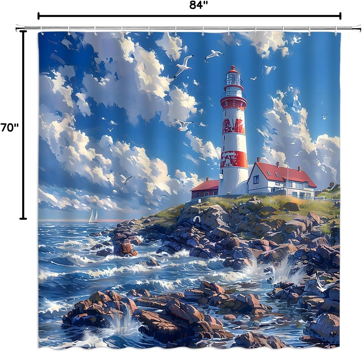 Lighthouse Shower Curtain Nautical Ocean Beach Waves Vintage Lighthouse Coastal Seascape Retro Oil Painting 84" Wx70 H Fabric Bathroom Decor Curtain with Hooks