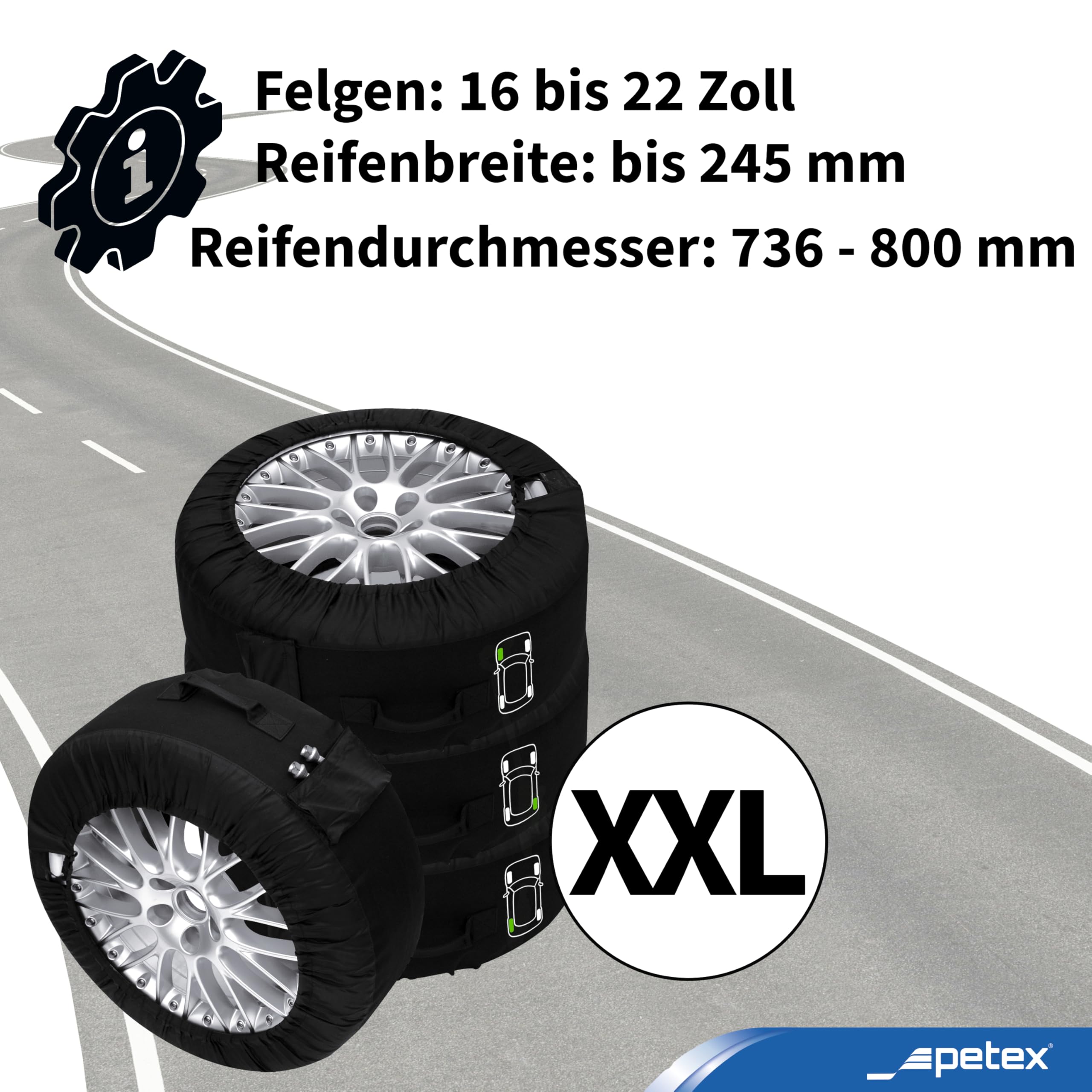 PETEX Juego de Bolsas para neumáticos, Color Negro, Varios tamaños (XXL/de 736 mm a 800 mm de diámetro)