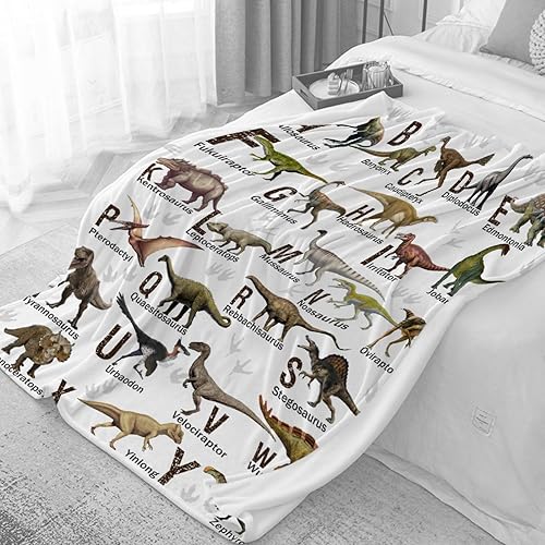 Miniatura 7 de Manta de franela con diseño del alfabeto de dinosaurio, ultra suave y acogedora, manta de forro polar ligera y mullida, manta de felpa cálida para