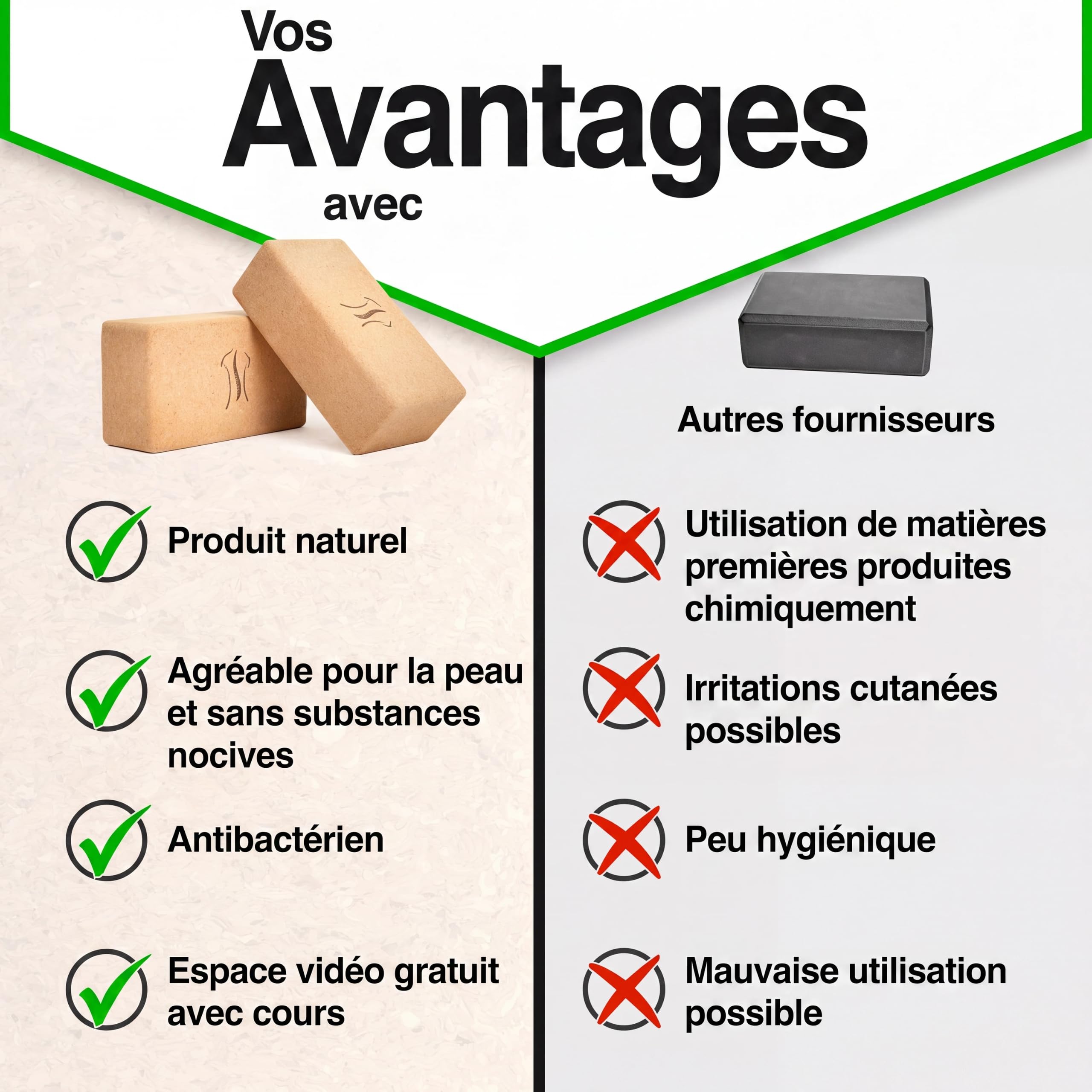 BACKLAXX® Brique yoga en liège à l'unité | Bloc yoga 100% naturel durable | Agréable pour la peau | Fabrication écologique | Vidéo d’utilisation offerte
