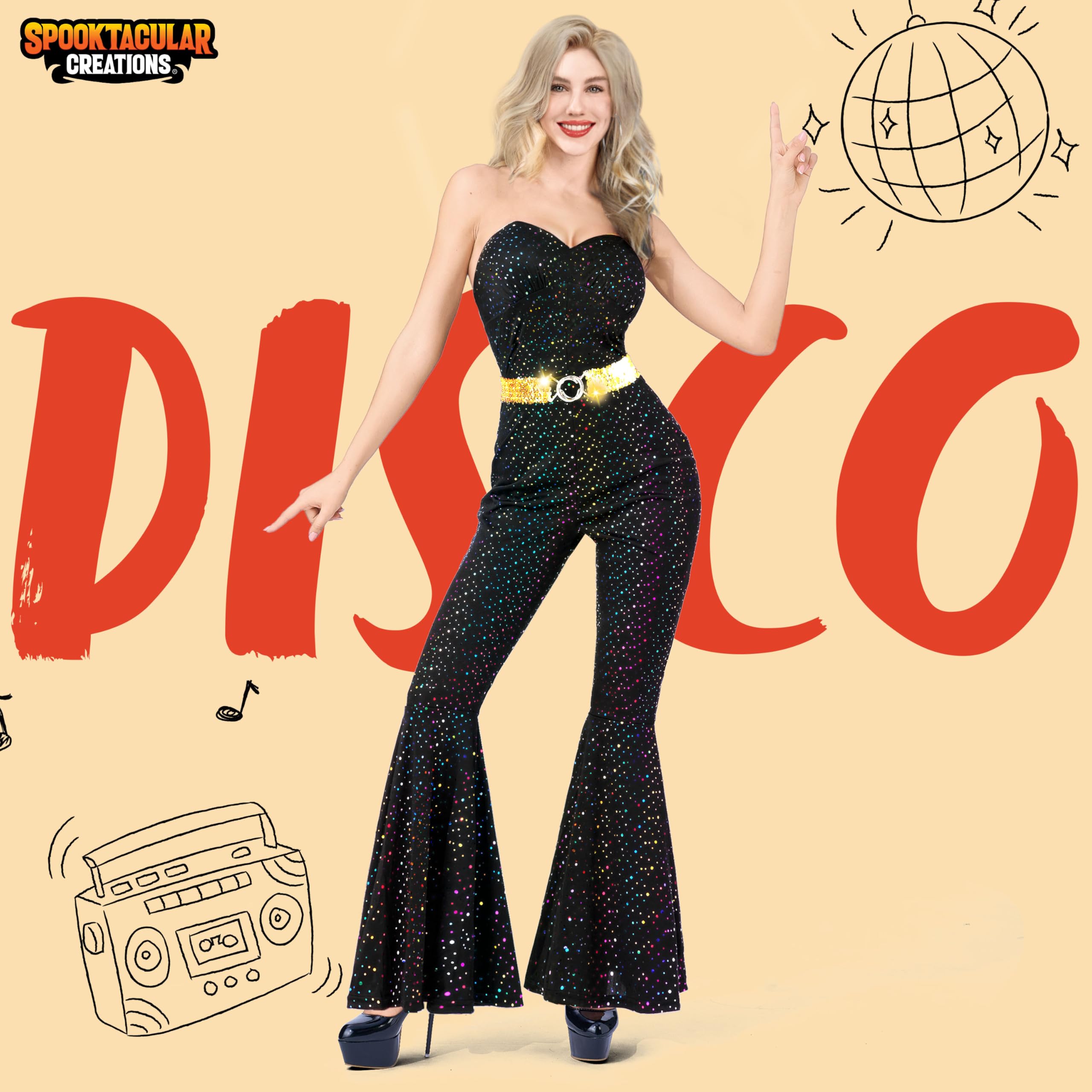 Spooktacular Creations Women 70s Disco Costume, Black Sequin Disco Jumpsuit, Adult Disco Costume with Belt for Stage Performance and Halloween Dress up Party L - BigaMart Spooktacular Creations Women 70s Disco Costume, Black Sequin Disco Jumpsuit, Adult Disco Costume with Belt for Stage Performance and Halloween Dress up Party L - BigaMart