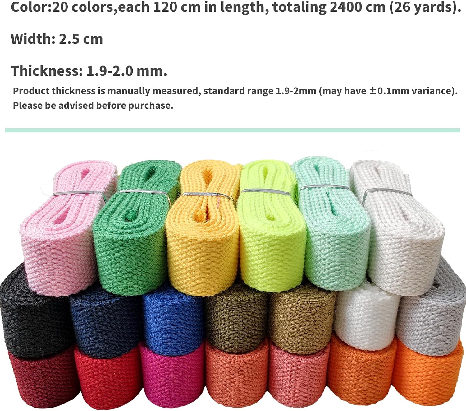 Heavy-Duty 1 Inch Cotton Webbing - 2mm Thick (26 Yards) - Natural Belt Strap for Dog Collars, Bag Handles, DIY Crafts, Slings, Aprons & Sewing Projects (Multi-Color 26 Yards)