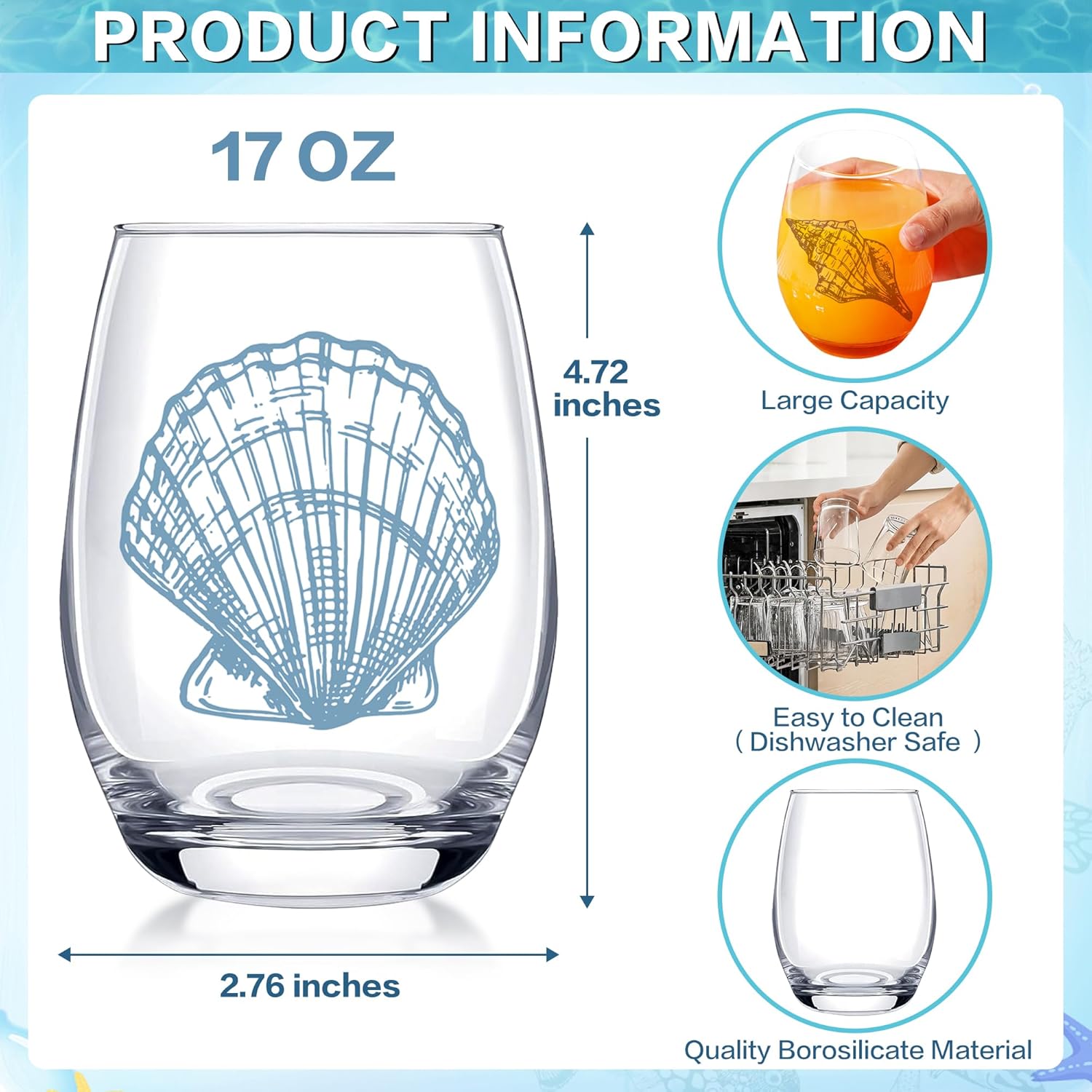 4 PCS Ocean Stemless Wine Glasses-17 Oz Coastal Glassware Gifts for Beach Lovers-Sea Turtle,Seashell,Starfish,Conch Wine Cups Set for Women Men,Dishwasher Safe,Birthday,Mothers Day,Easter