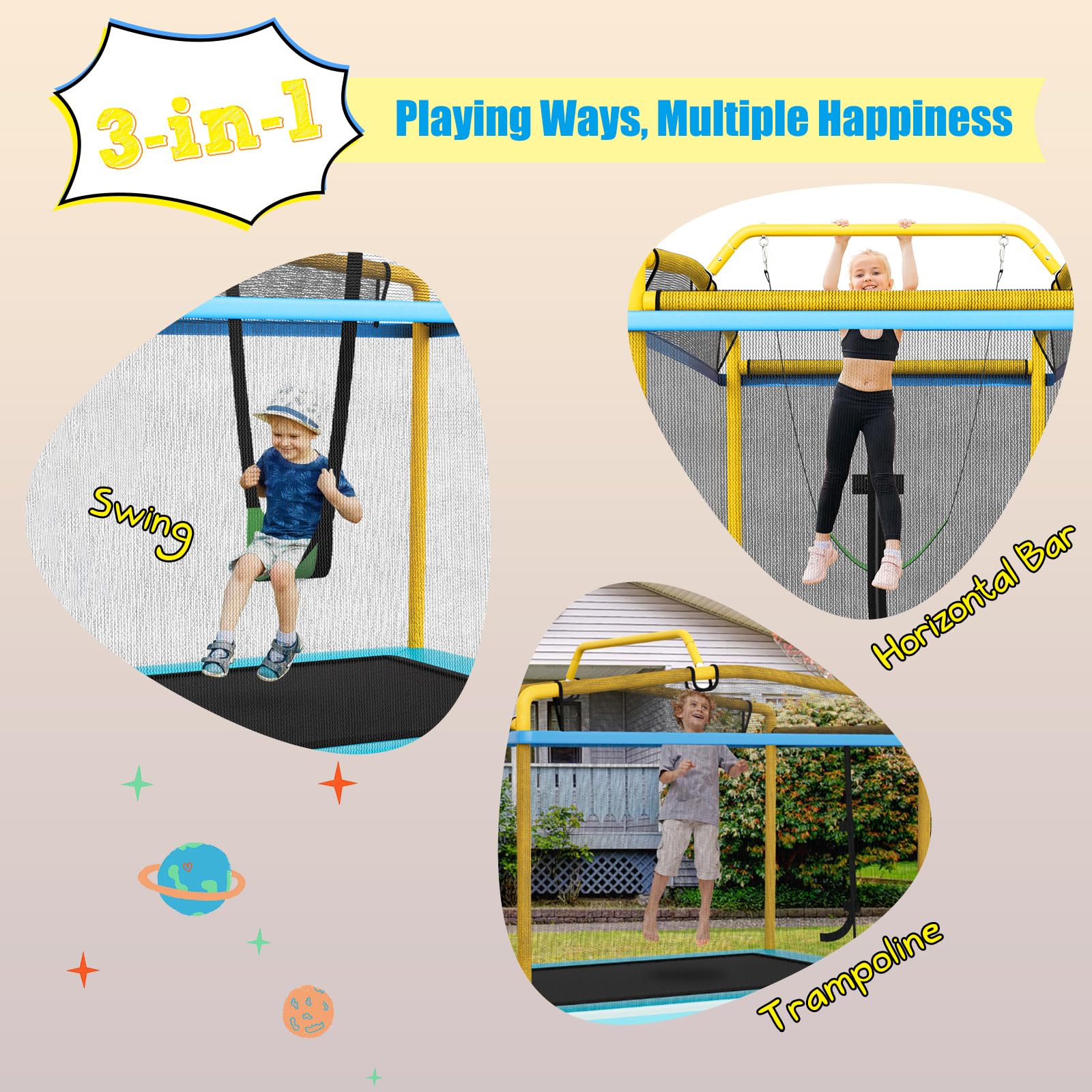 KOMFOTTEU Trampolino per Bambini 3-8 Anni, Tappeto Elastico Bambini 3 in 1 con Altalena Rimovibile e Barra Orizzontale, Saltarello da Esterno e Interno, Portato 110 kg, 190 x 124 x 172 cm