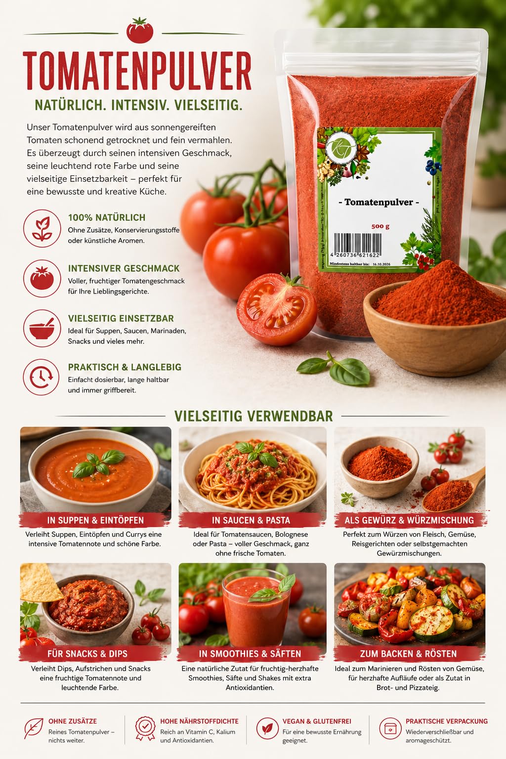 KT 1000 g / 1 Kg Tomatenpulver Tomaten fein gemahlen - 1 A Qualität