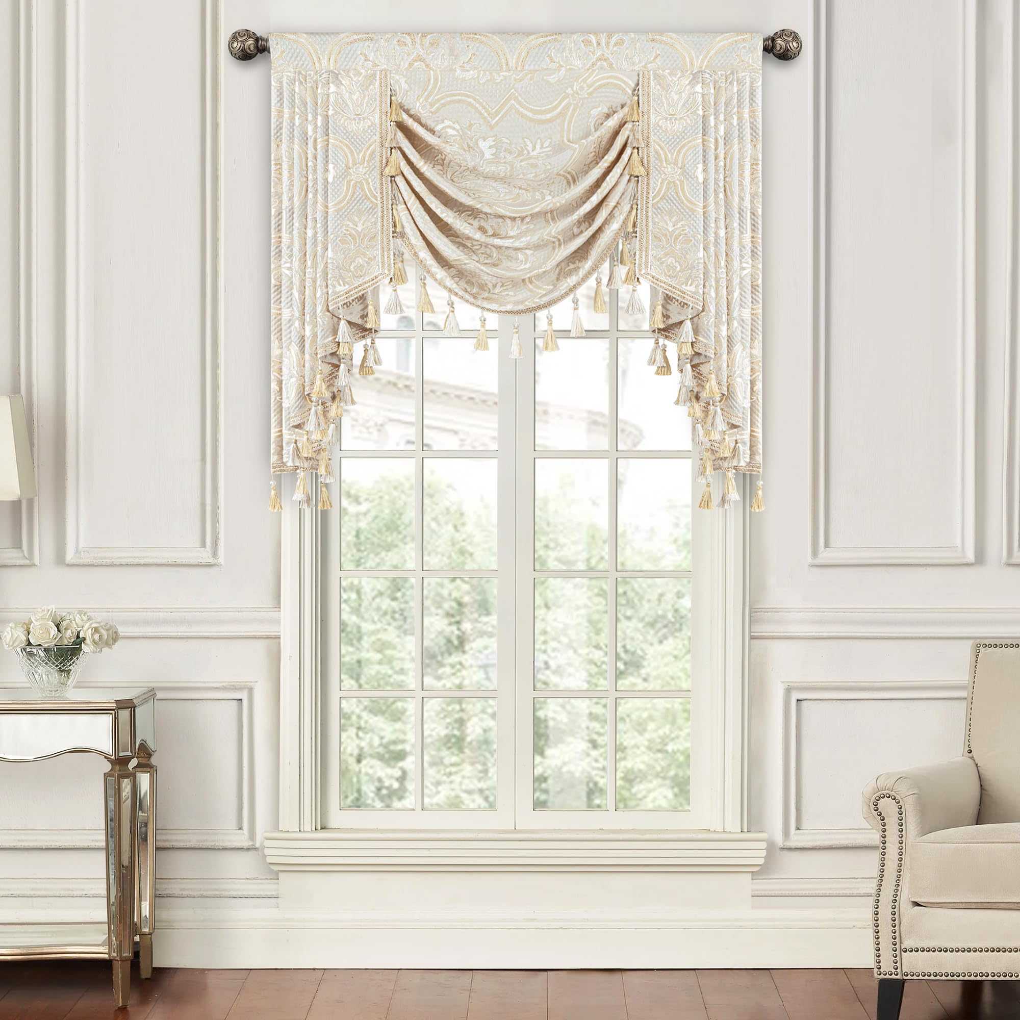 TOPLUXE Swag Valance for Windows Damask Waterfall Valance with Tassels