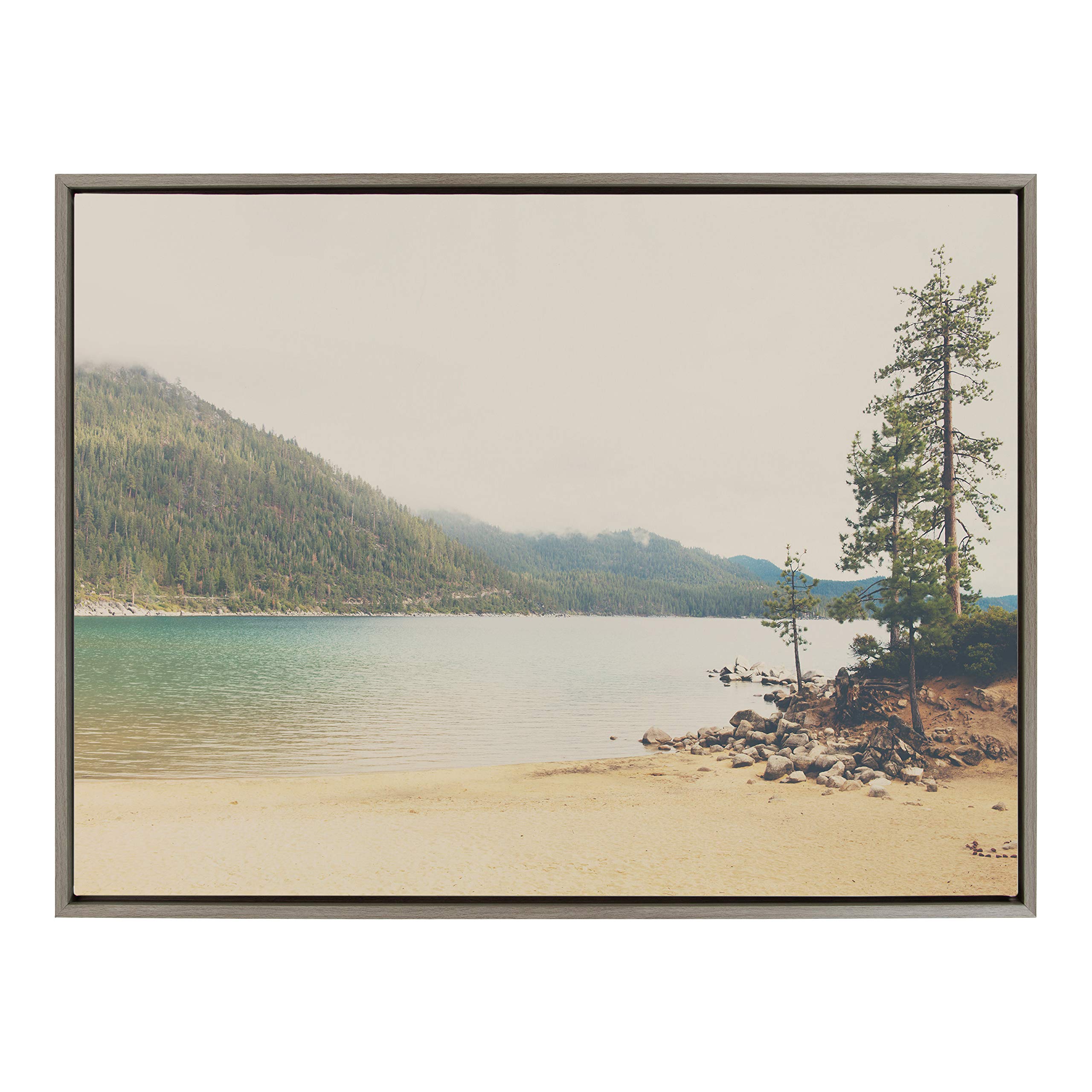 Kate and Laurel Sylvie Lake Tahoe California Mountain Sand Harbor Framed Canvas Wall Art by Laura Evans, 28x38 Gray, Geographic Nature Art for Wall