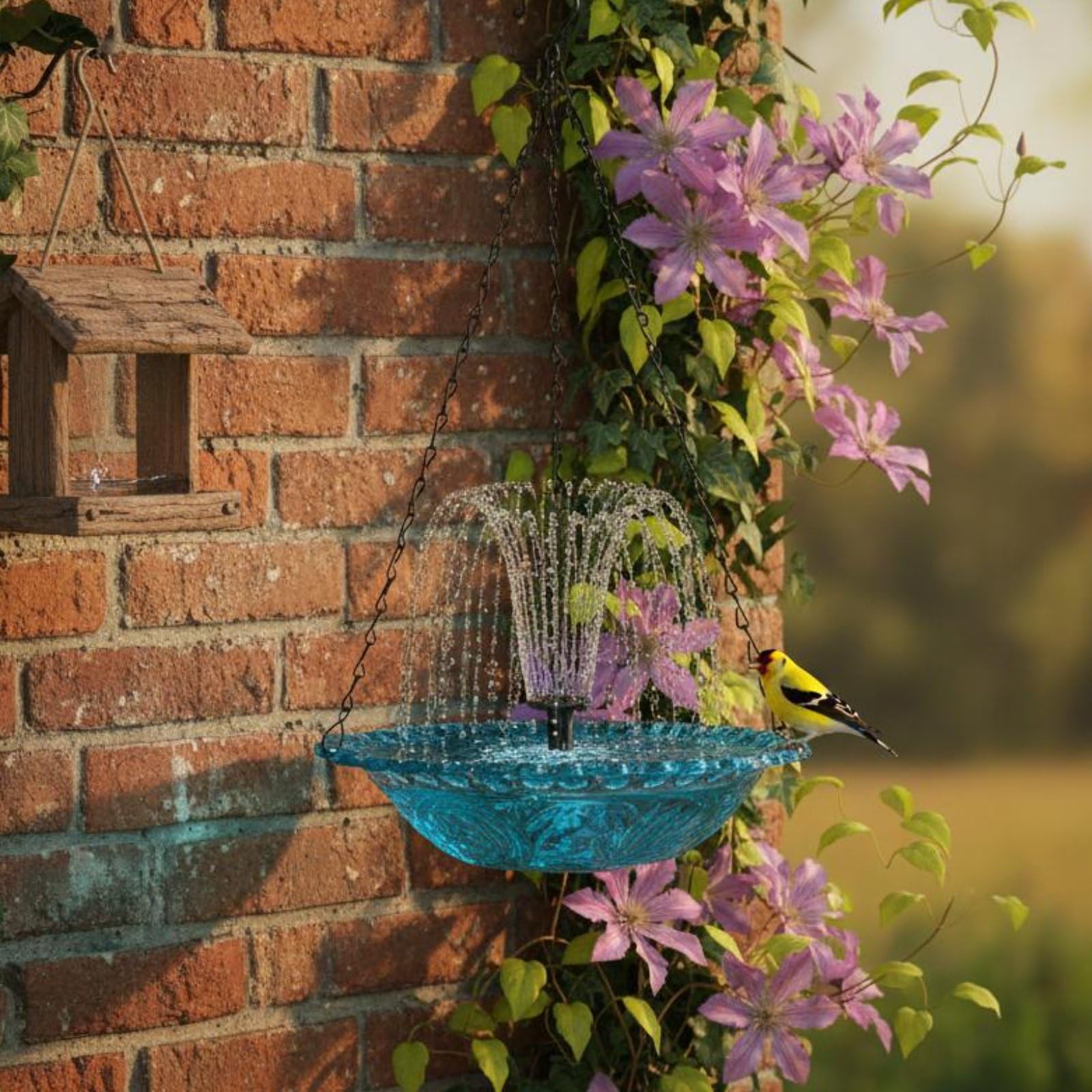 Hängende Vogeltränke Vogelbad Futterspender Wasserschale Brunnen Solar Modul Integriert Autonomer Betrieb Stabile Metallkette Komplettes Set für Garten Balkon Terrasse