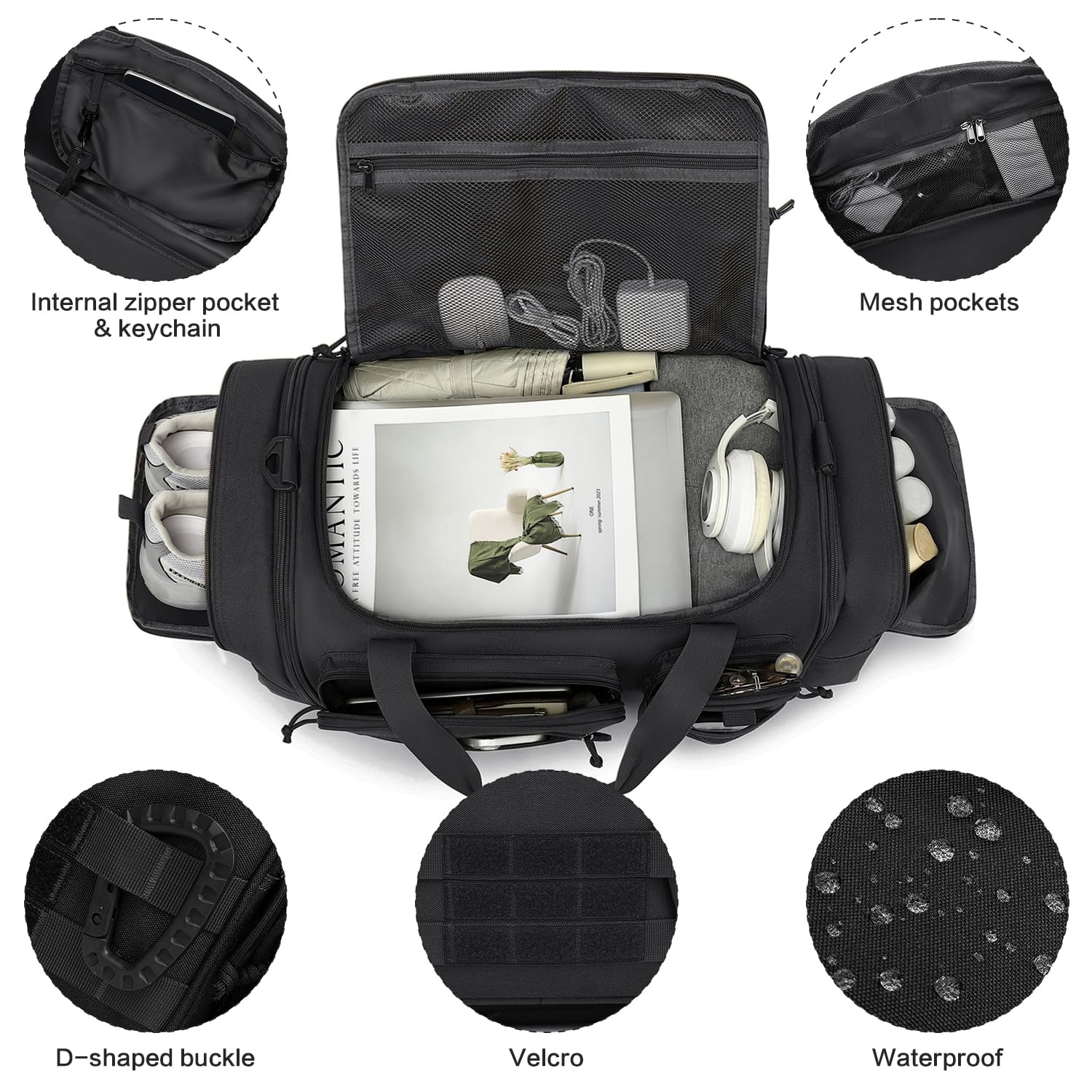 Taktische Reisetasche Sporttasche 40-45L Erweiterbar 3-in-1 Sporttaschen Herren Mittel mit Schuhfach Nassfach und Rucksackfunktion Trainingstasche Damen für Militär Fitness Gym Sauna, Schwarz