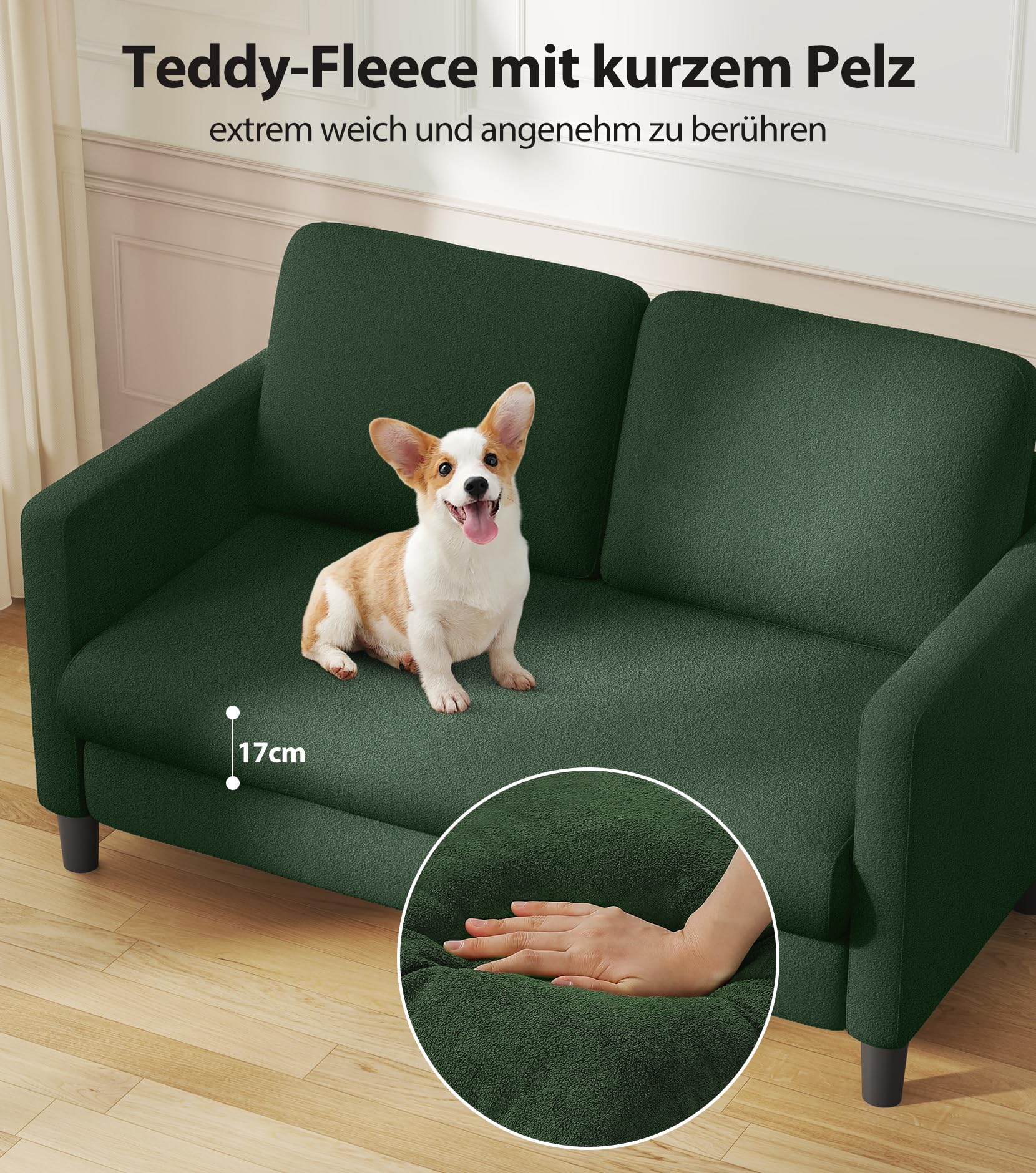 Domusensus 2 Sitzer Sofa, 2 Sitzer Kleinsofa, Ganz aus Holz-Couch, Teddy Fleece Zweisitzer-Kleinsofa, Werkzeugfrei 2er Sofa, 2-Sitzer-Sofa, für Wohnzimmer, Schlafzimmer, Büro, Jugendzimmer, Grün