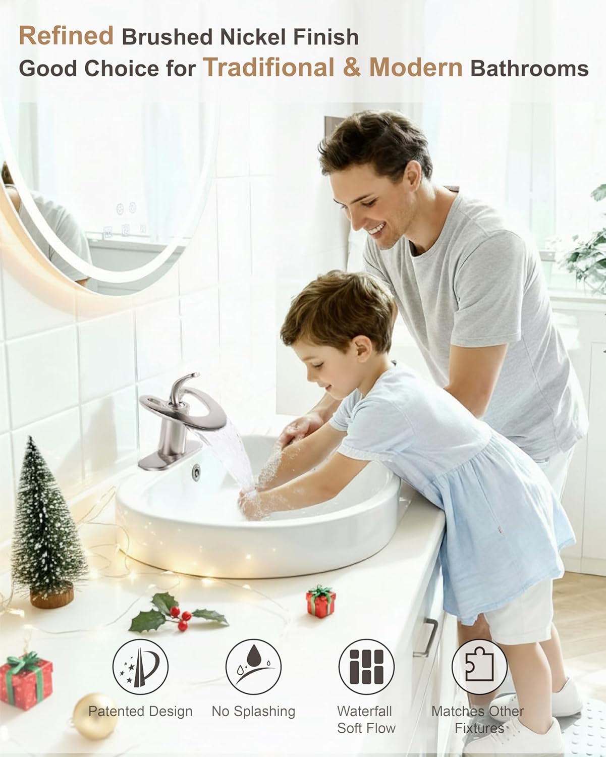 Brushed Nickel Bathroom Faucet, Waterfall Single Handle Bathroom Faucets, Unique Single Hole Faucet with Deck Plate for 3 Hole Bathroom Sink - Image 2