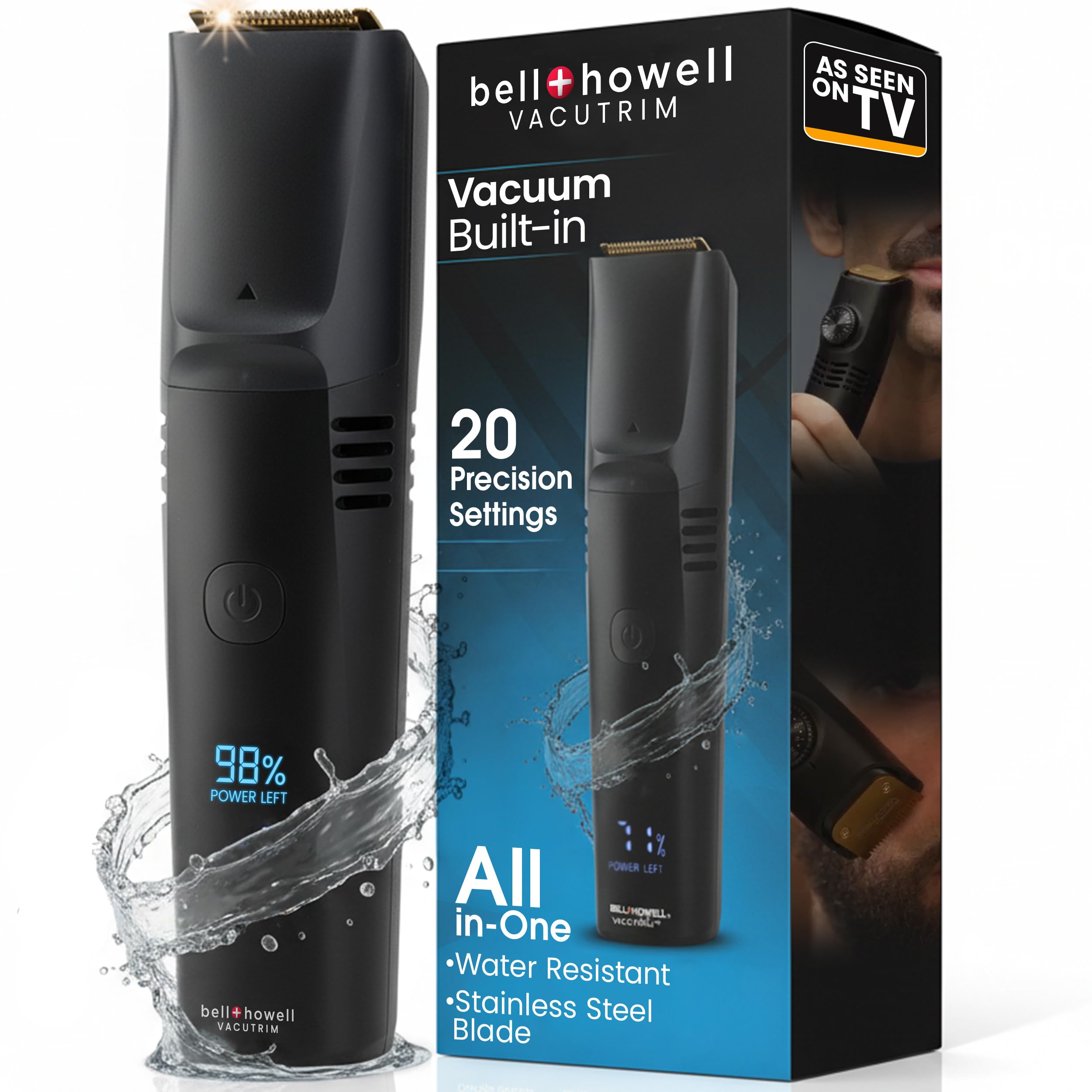 Bell+Howell Vacutrim Cordless Beard Trimmer – Rechargeable Electric Shaver with Built-in Vacuum, 20 Trim Settings, LED Indicator – for Mustache, Sideburns, Facial Hair – Deluxe, 7.5" As Seen On TV