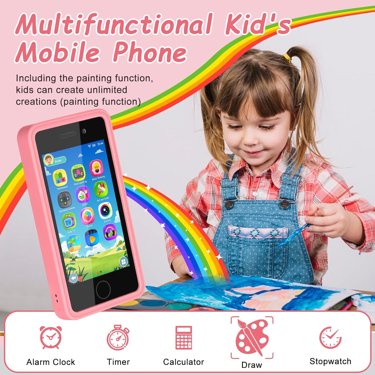 3.97" Touchscreen Kids Toys Smart Phone, Kids Phone with Games & Dual Camera, Toddler Toys Phone, Boys and Girls Learning Toy Phone for 3-9 Years Old (Pink) - Image 4