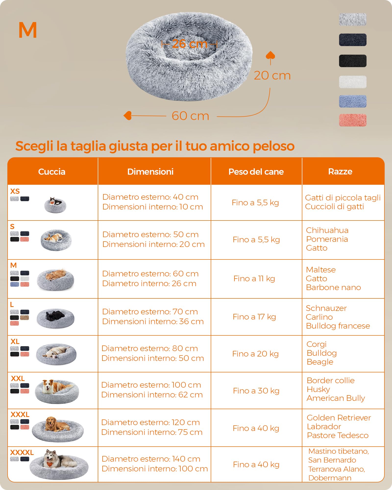 Feandrea Cuccia Cane Interno, Cuccia per Cani, Lettino per Animali Domestici a Ciambella, Cuscino Sfoderabile e Lavabile, Tappeto di Peluche, Diametro 60 cm, Grigio Ombré PGW038G01