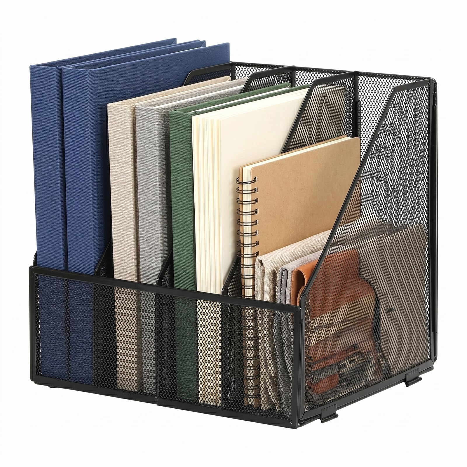 evergoods Mesh Metal A4 Magazine File Holder, 4 Compartment Desktop Document Organiser Rack, Black Metal Desk Tidy Storage Stand for Files, Folders, Magazines, Letters & Paper Organisation