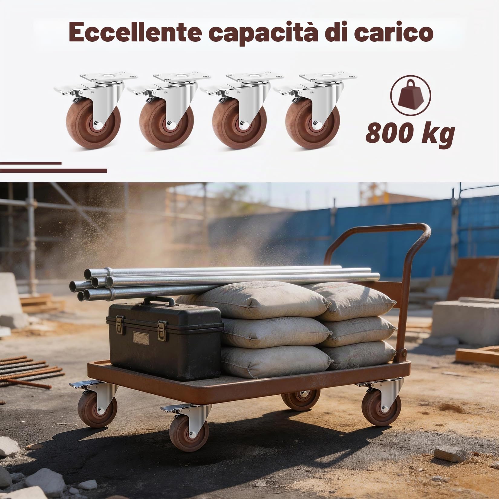 100mm Ruote per Carichi Pesanti con Freno Portata 800KG, Rotelle per Mobili Resistenti alle alte Temperature -20°C à +250°C, Ruote Girevoli per Officina di Fonderia e Saldatura, Set di 4