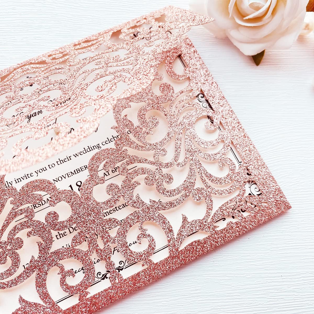 5.1 x7.1 inch 50PCS Rose Gold Glitter Laser Cut Flora Wedding invitation Pocket with Envelopes Wedding Invitations Kit for Quinceanera Bridal Shower Party Invite