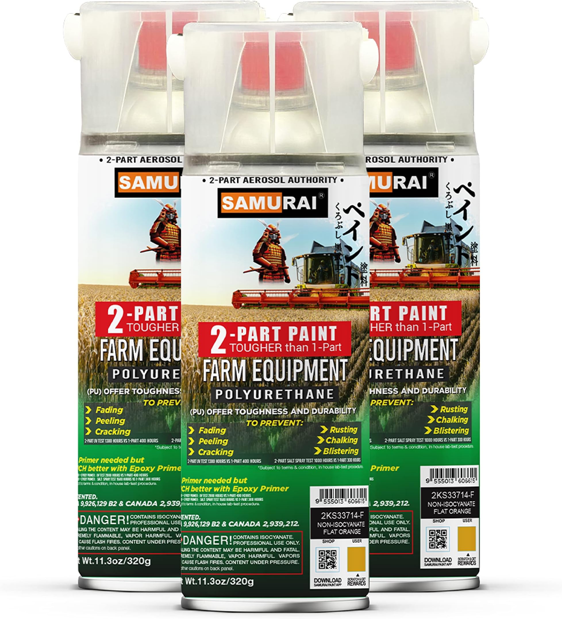 SAMURAI 2-Part Polyurethane Spray Paint for Farm Equipment - 11.3 Ounce UV Resistant and Rust Resistant Polyurethane Spray (METALLIC GREY, Pack of 3 Cans)