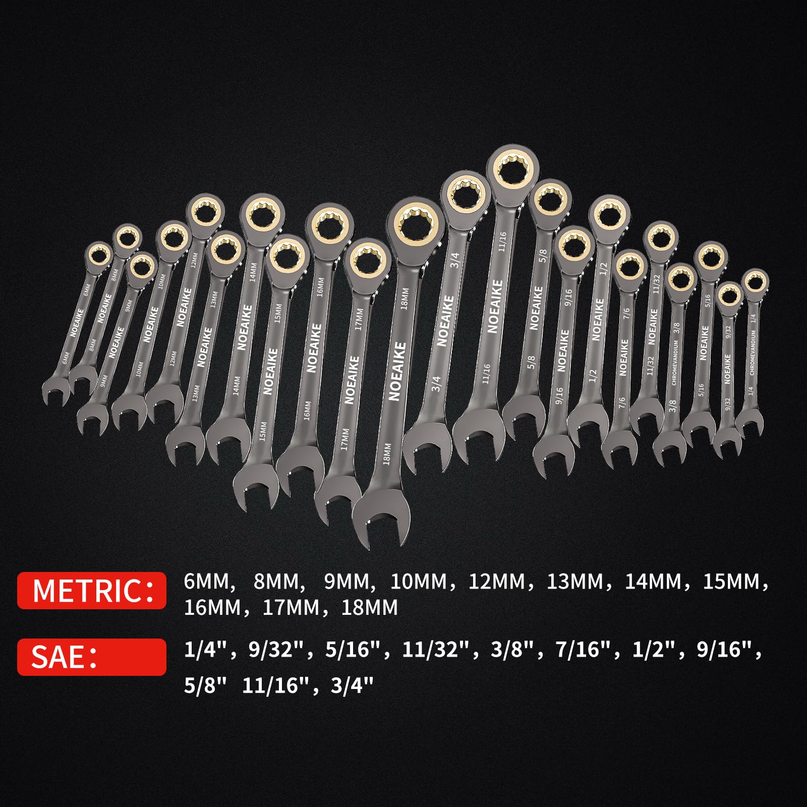 Set di 22 chiavi a cricchetto, denti antiscivolo, set di chiavi combinate a cricchetto metriche 6-18 mm e SAE 1/4"-3/4" con scatola organizer, nichelatura nera