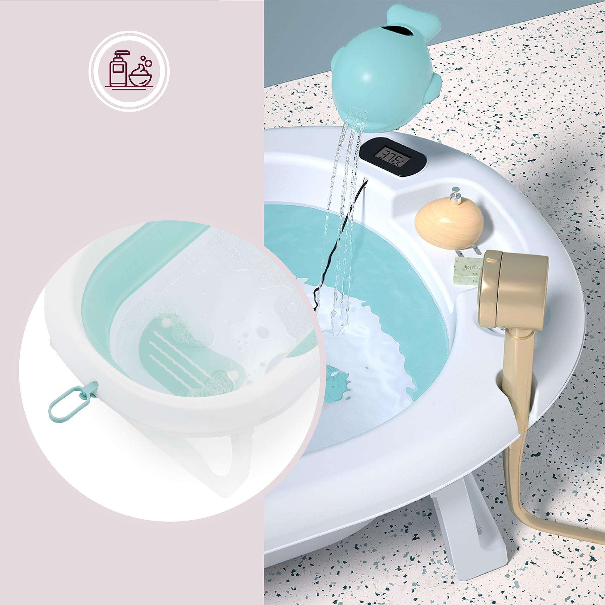 Moby-System Bañera Bebé Plegable con Termómetro LCD Incluye Inserto Soporte Alto y Bajo Vasito de Ballena – Compacta y Segura desde Recién Nacido – Menta