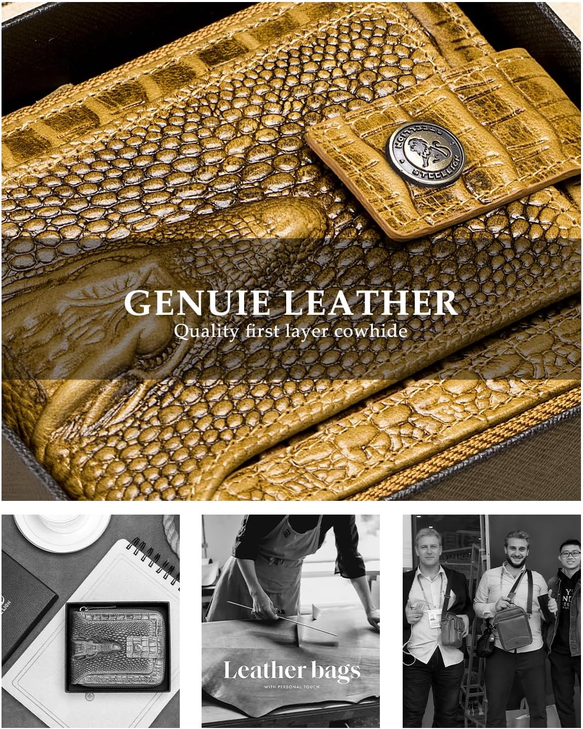 STEELLION Men's Genuine Cowhide Leather Wallet, Crocodile Embossed Bifold with 15 Card Slots, RFID Blocking & Secure Zipper Coin Pocket - Image 3