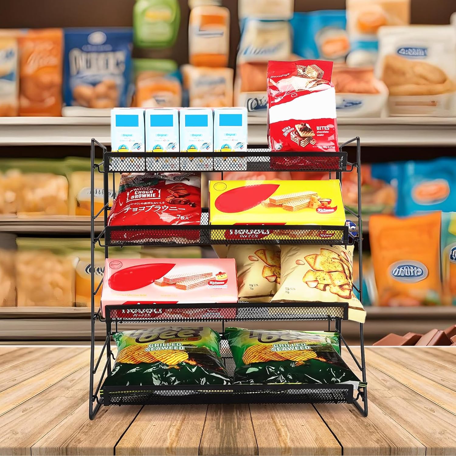 Lemecima 4-Tier Candy Display Rack, Mesh Snack Display Rack for Countertop, Kitchen and Stores