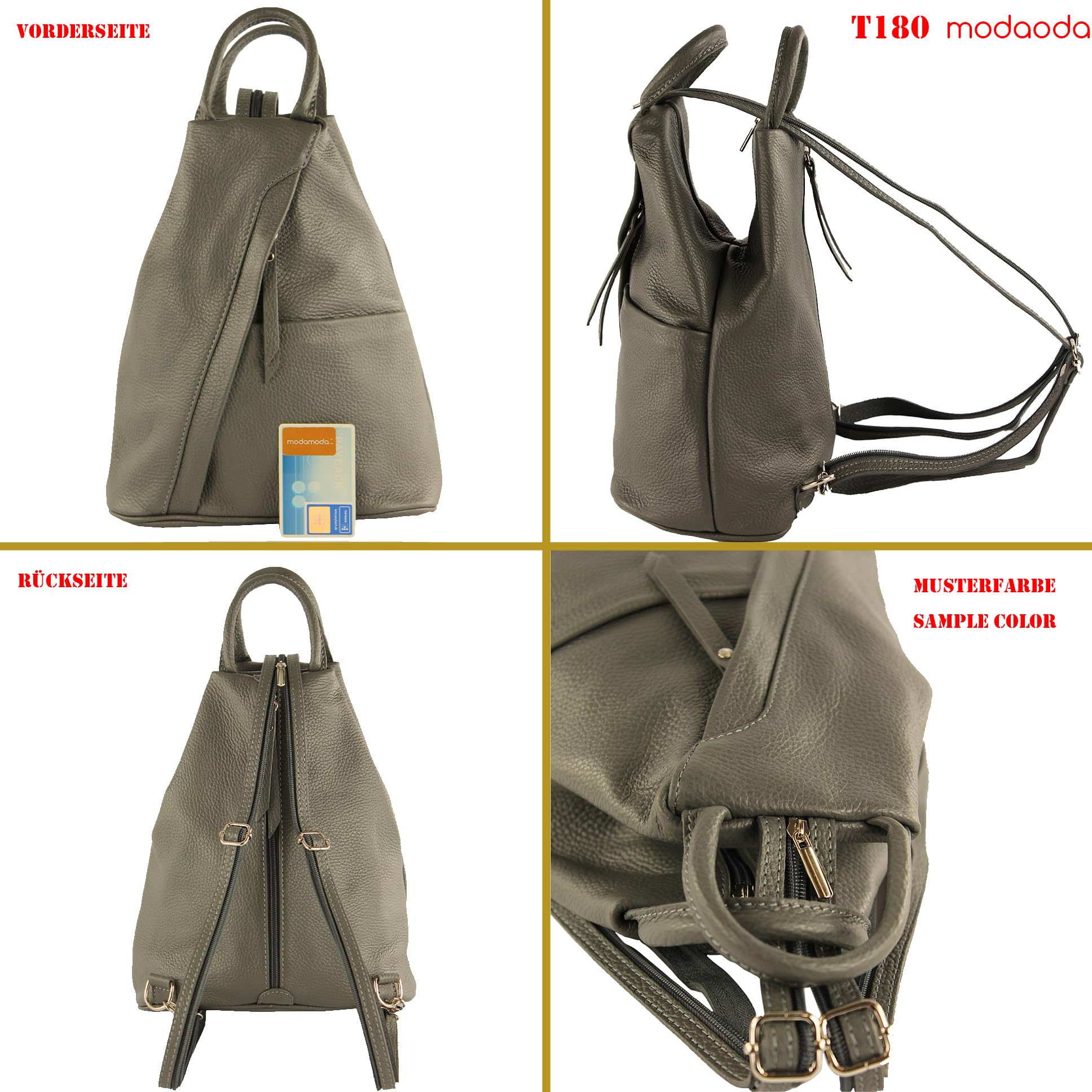 modamoda de T180 Damen Leder Rucksack Handtasche 2-in-1, handmade in Italy