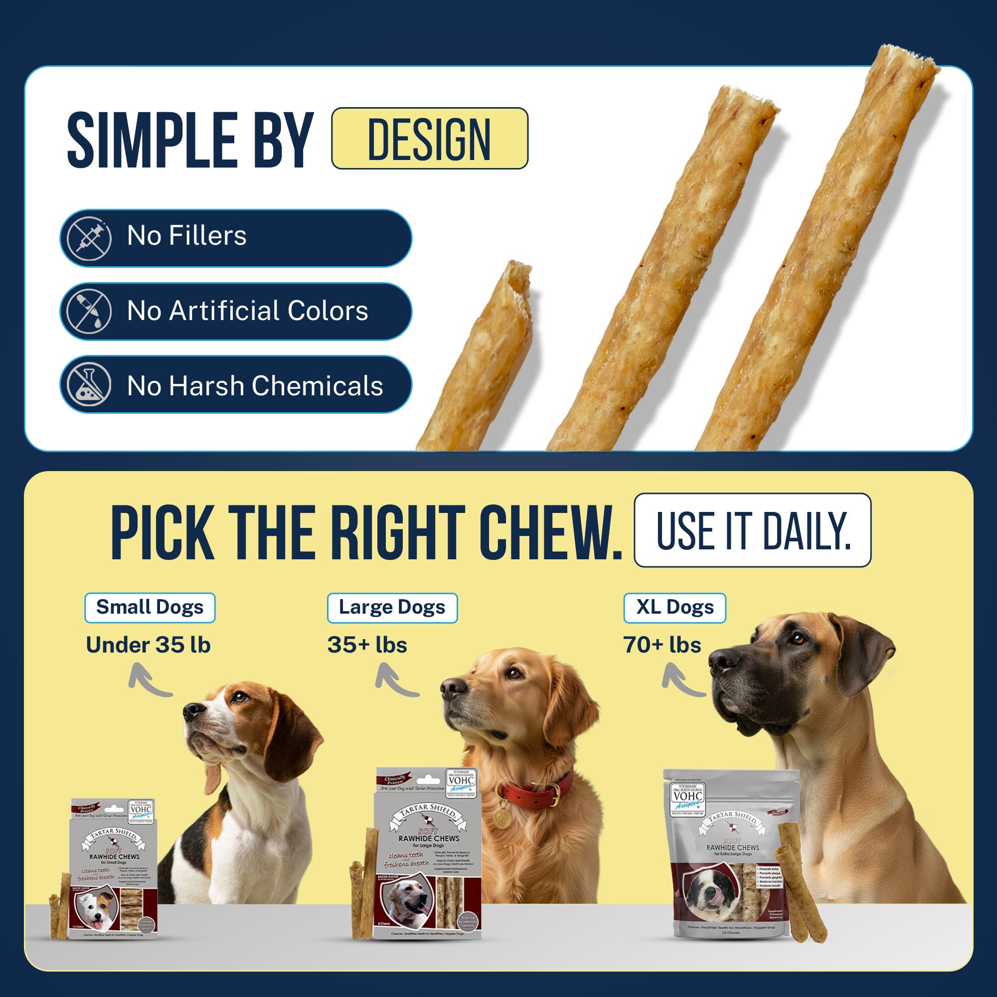 Tartar Shield Soft Rawhide Chews | Safe Dental Treats for Large Dogs | Vet VOHC Approved | Daily Bone Cleans Teeth & Gums Fresh Breath Oral Health Support | USA Made | (Large Dogs / 8 Count) - image 6