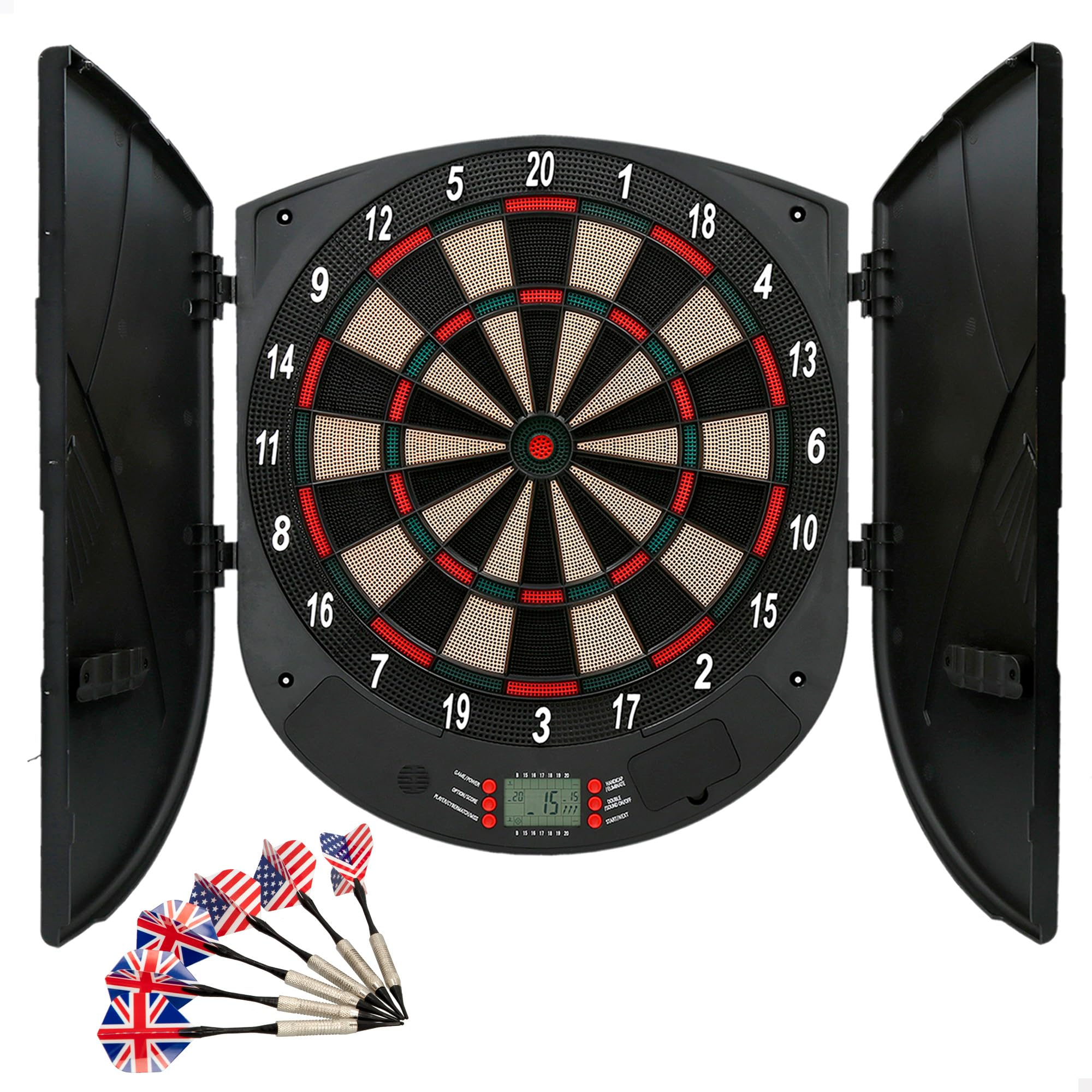 AKTIVE Cible de Fléchettes Électronique Murale 54 cm, 26 Jeux et 70 Variantes, Panneau Numérique, Lumières, 6 Fléchettes et 6 Pointes Supplémentaires, Portes Pliantes, 2 Piles AA (Non Incluses)