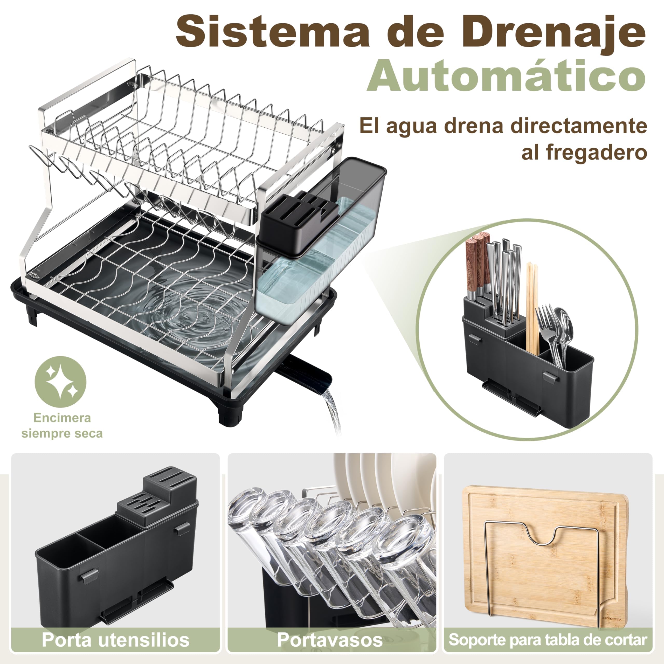 SerkaHome Estante Escurridor de Platos 2 Niveles Acero Inoxidable 304, Escurreplatos Cocina para Fregadero (42 x 29 x 35cm), Organizador de Cocina, Gran Capacidad, Resistente a la Corrosión y al Óxido