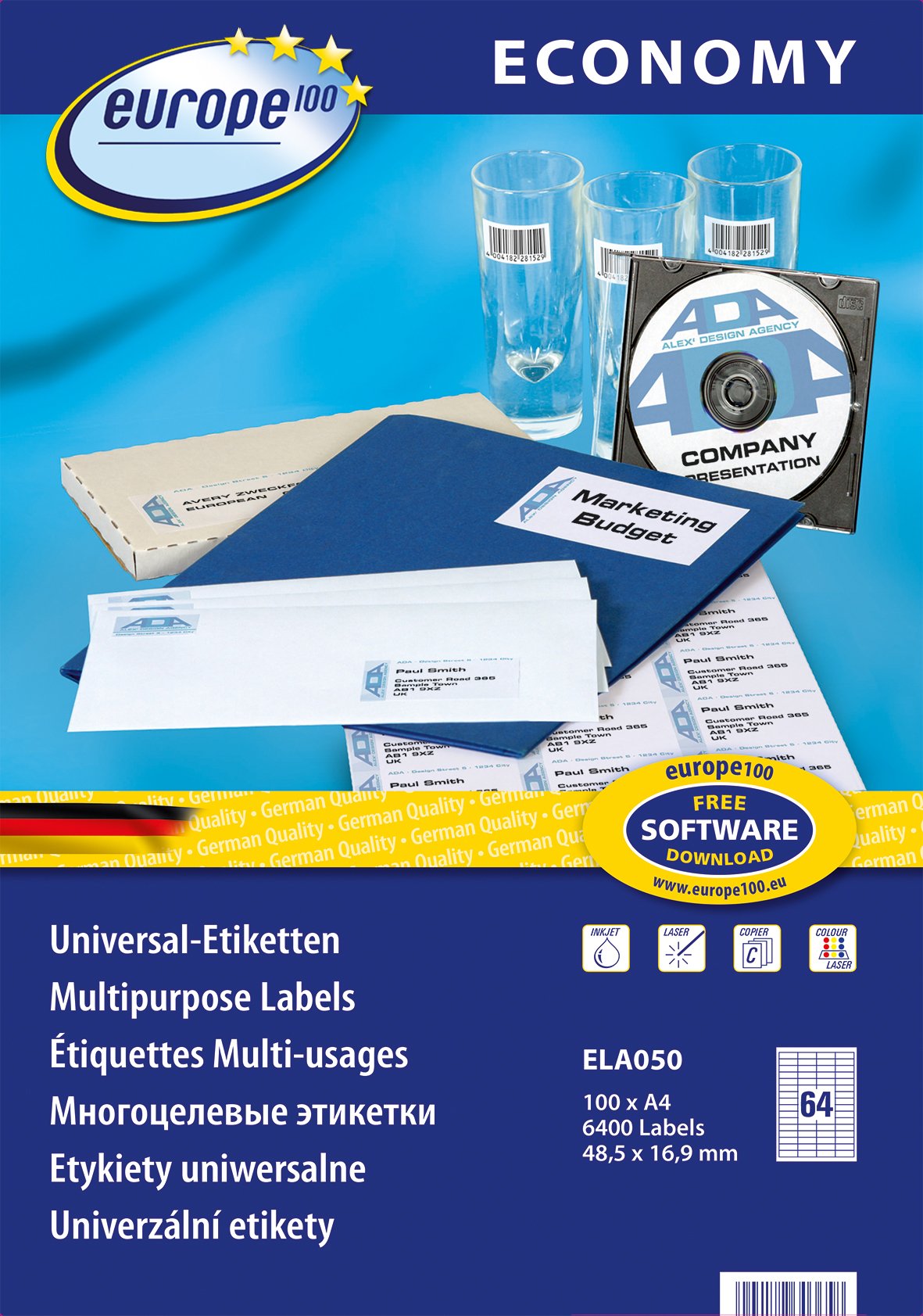 europe100 ELA001 Universal Labels 38 x 21.2 mm 48.5 x 16.9 mm