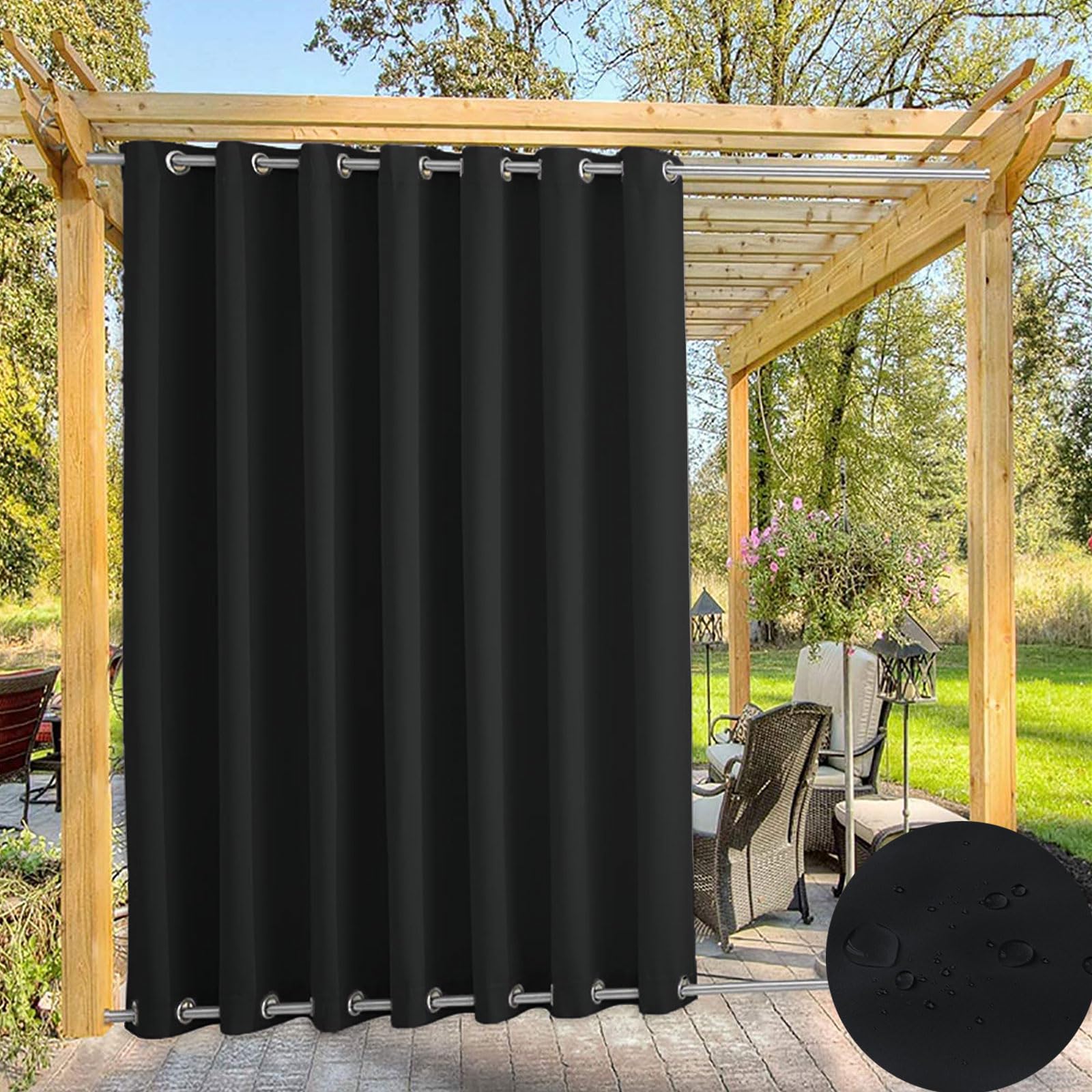TECDOTO Waterproof Outdoor Curtain for Garden Patio Gazebo Curtains, Thermal Insulated Blackout Curtains with Grommet (Top and Bottom),Sun Blocking Curtains for Indoor |1 Panel, Black,W59''*H120'' — image 1